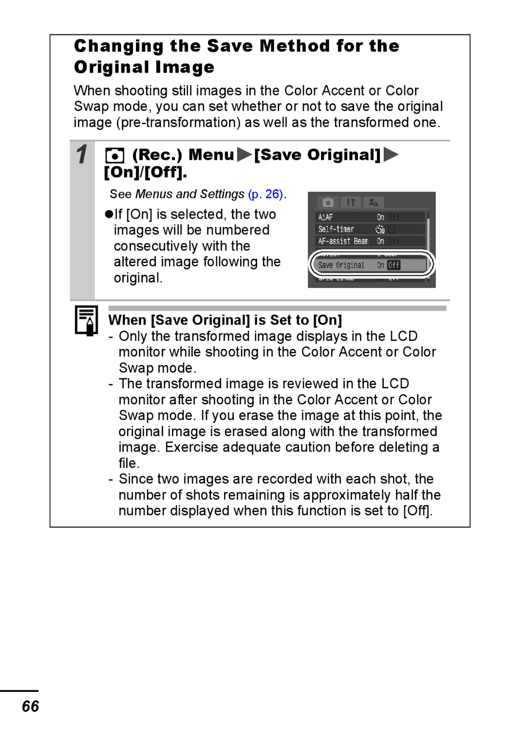 Canon IXUS 800 IS appendix Changing the Save Method for the Original Image, Rec. Menu Save Original, On/Off 