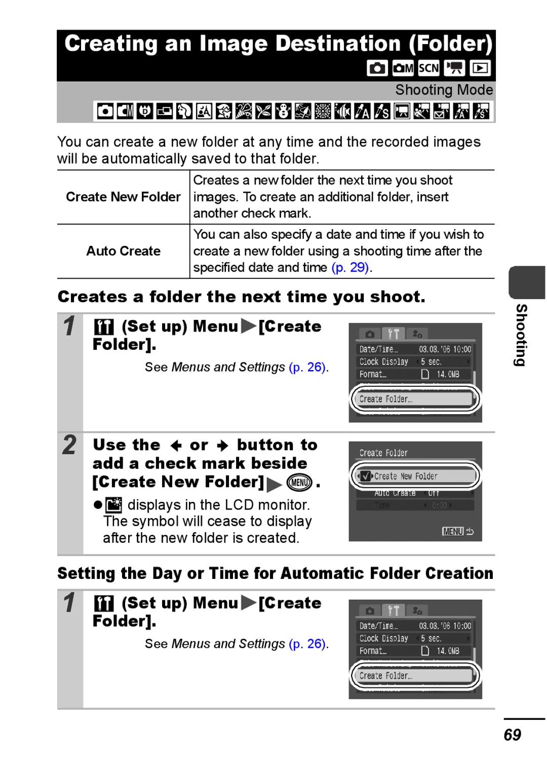 Canon IXUS 800 IS appendix Creates a folder the next time you shoot, Set up Menu Create, Folder, Use the or button to 