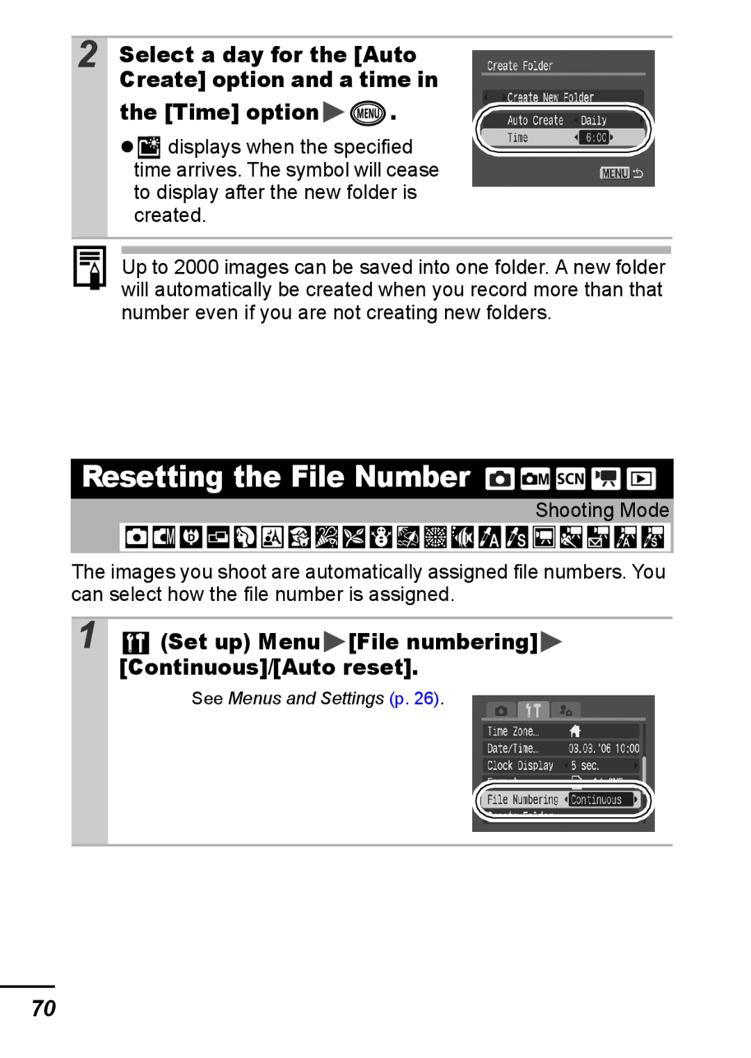 Canon IXUS 800 IS appendix Resetting the File Number, Select a day for the Auto, Time option, Create option and a time 