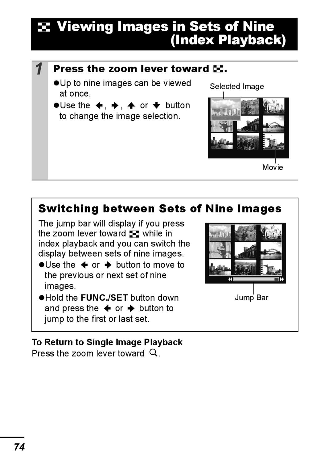 Canon IXUS 800 IS appendix Switching between Sets of Nine Images, To Return to Single Image Playback 