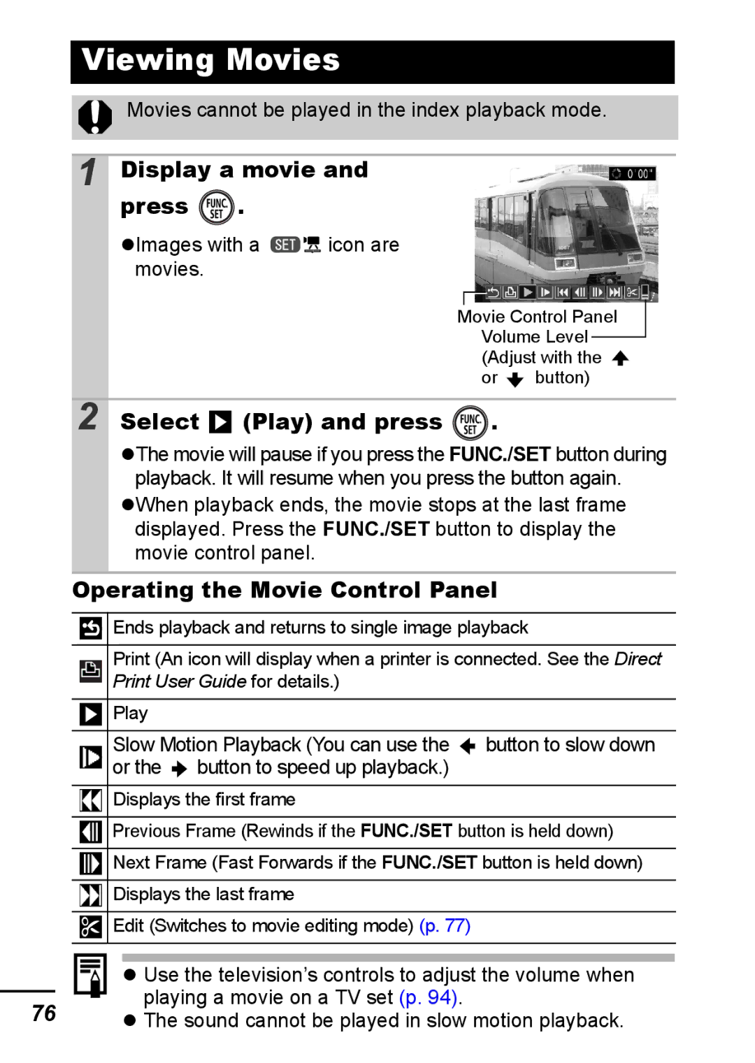 Canon IXUS 800 IS Viewing Movies, Display a movie and press, Select Play and press, Operating the Movie Control Panel 