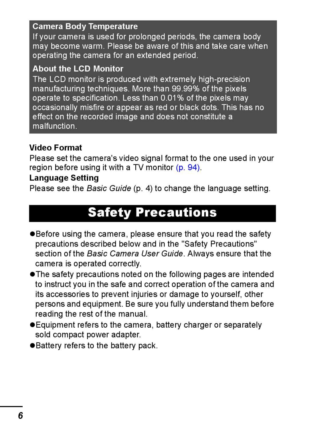 Canon IXUS 800 IS appendix Safety Precautions, Video Format, Language Setting 