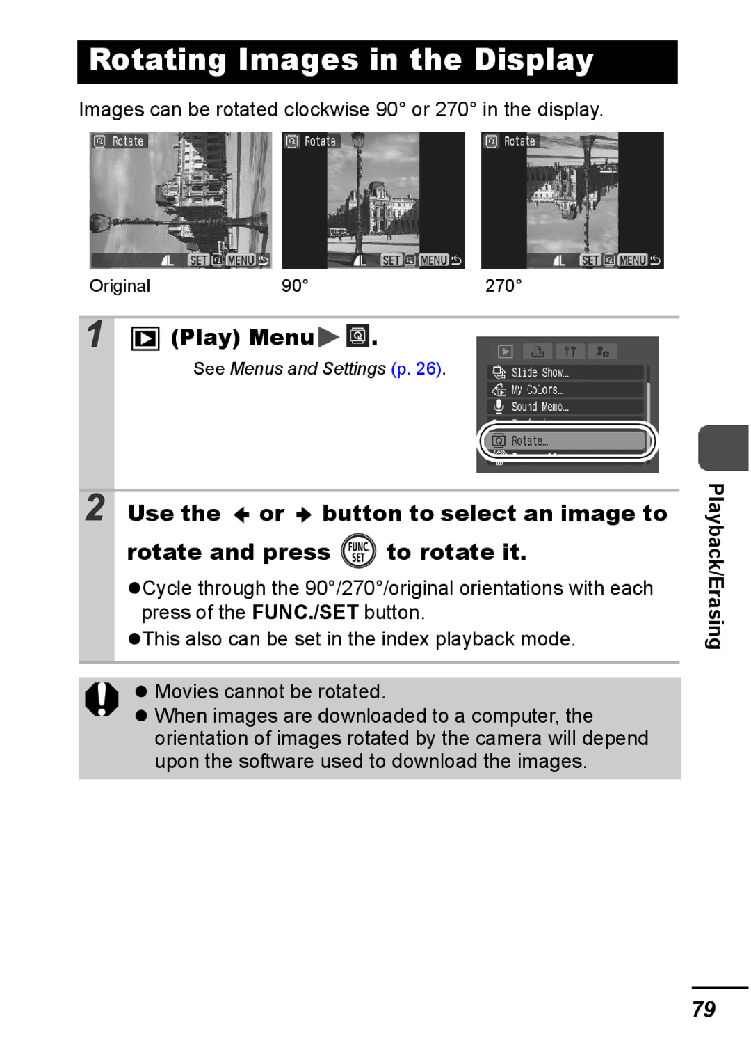 Canon IXUS 800 IS appendix Rotating Images in the Display, Play Menu 