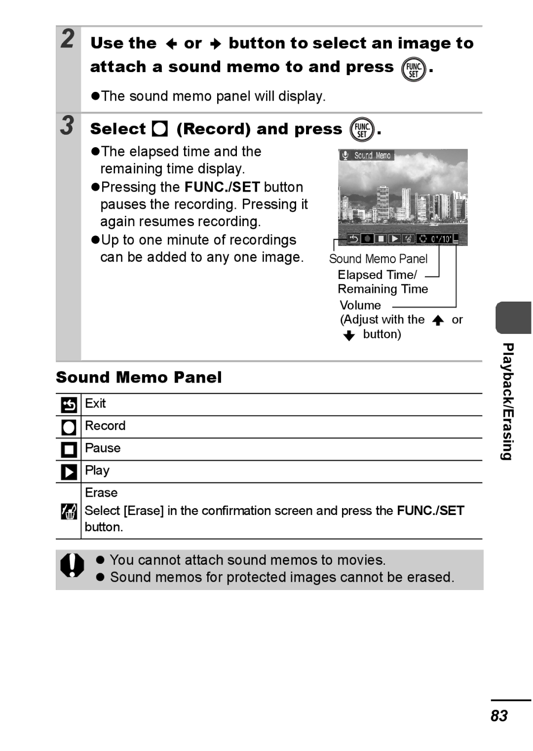 Canon IXUS 800 IS appendix Select Record and press, Sound Memo Panel, Exit Record Pause Play Erase 