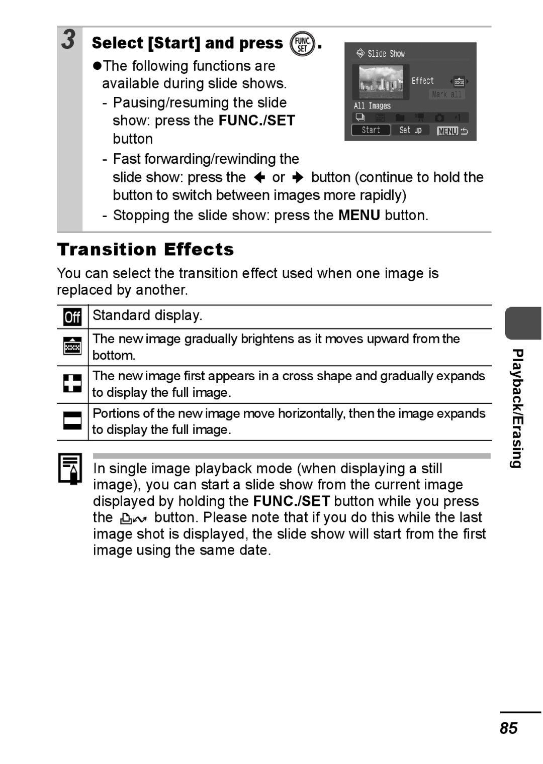 Canon IXUS 800 IS appendix Transition Effects, Select Start and press 