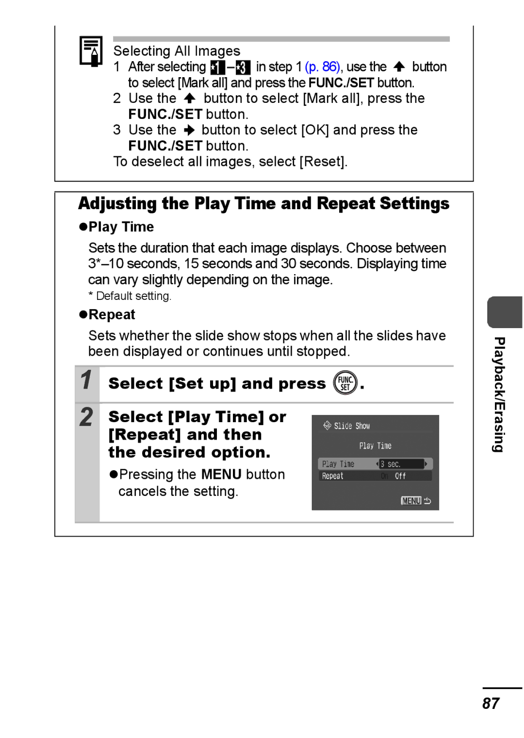 Canon IXUS 800 IS appendix Adjusting the Play Time and Repeat Settings, FUNC./SET button 