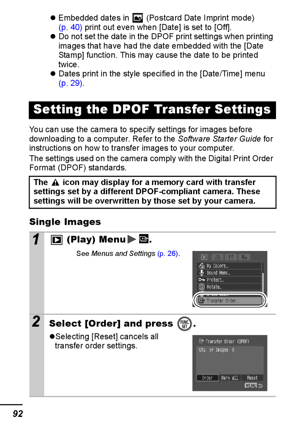 Canon IXUS 800 IS appendix Setting the Dpof Transfer Settings, Single Images Play Menu, Select Order and press 