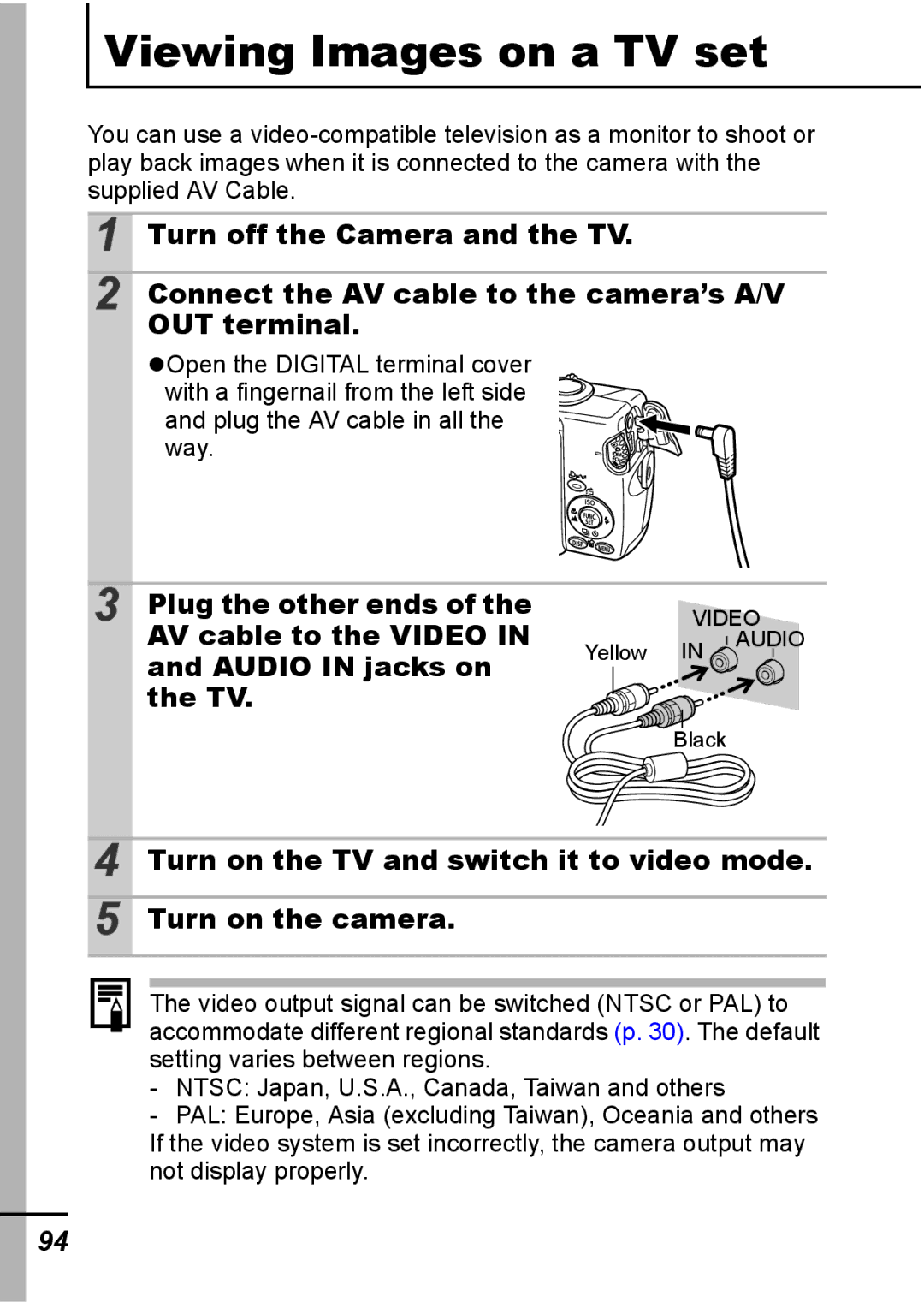 Canon IXUS 800 IS appendix Turn off the Camera and the TV, Connect the AV cable to the camera’s A/V, OUT terminal 