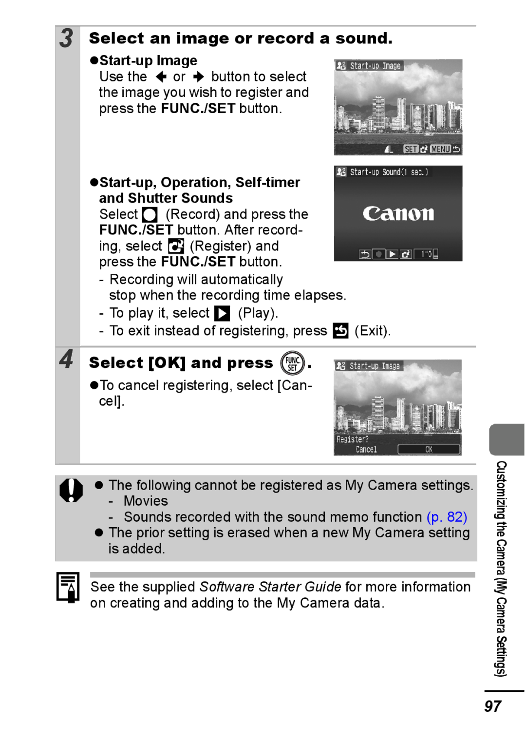 Canon IXUS 800 IS Select an image or record a sound, Start-up Image, Start-up, Operation, Self-timer Shutter Sounds 