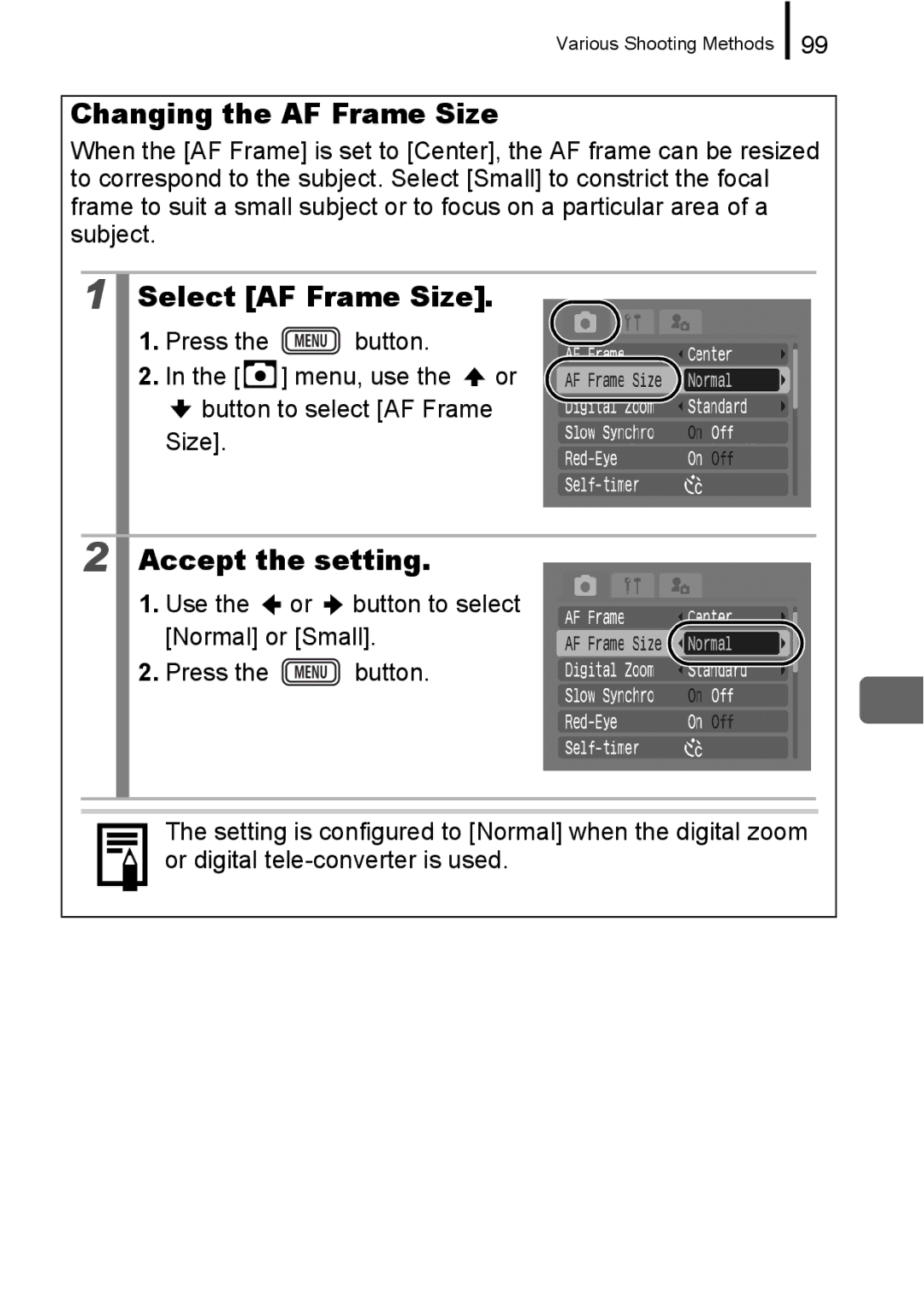 Canon IXUS 860 IS appendix Changing the AF Frame Size, Select AF Frame Size 