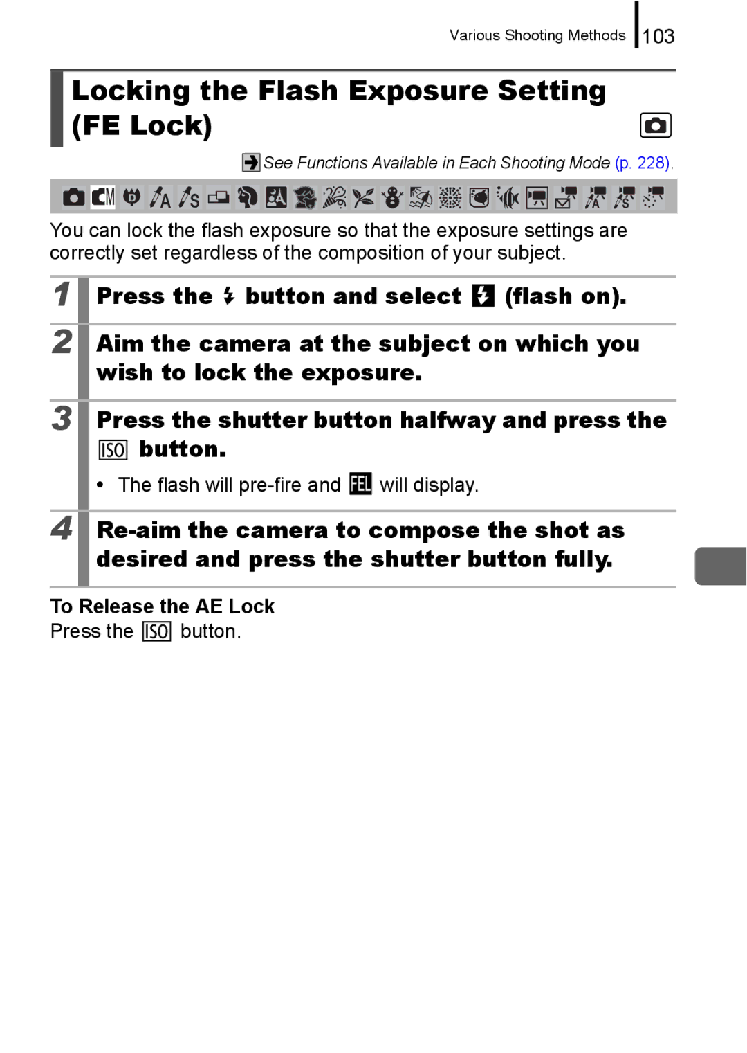 Canon IXUS 860 IS appendix Locking the Flash Exposure Setting FE Lock, 103, Flash will pre-fire and will display 