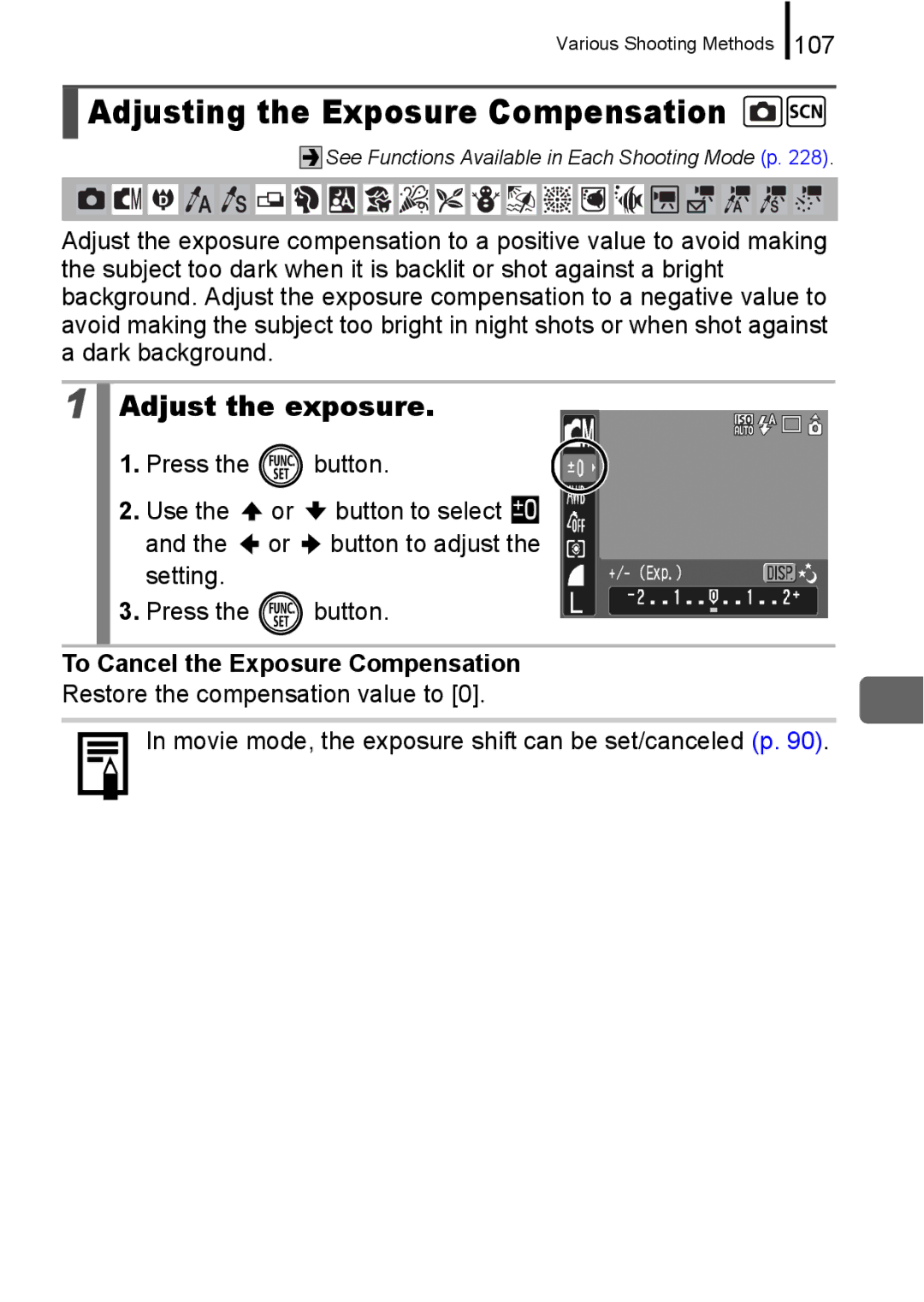 Canon IXUS 860 IS appendix Adjust the exposure, 107, To Cancel the Exposure Compensation 