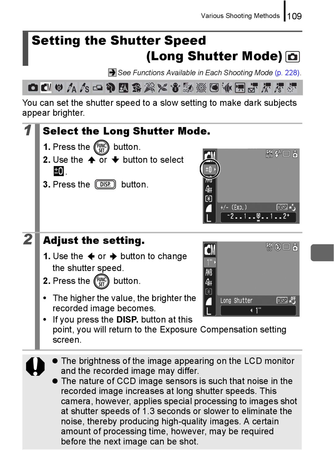 Canon IXUS 860 IS Setting the Shutter Speed Long Shutter Mode, Select the Long Shutter Mode, Adjust the setting, 109 