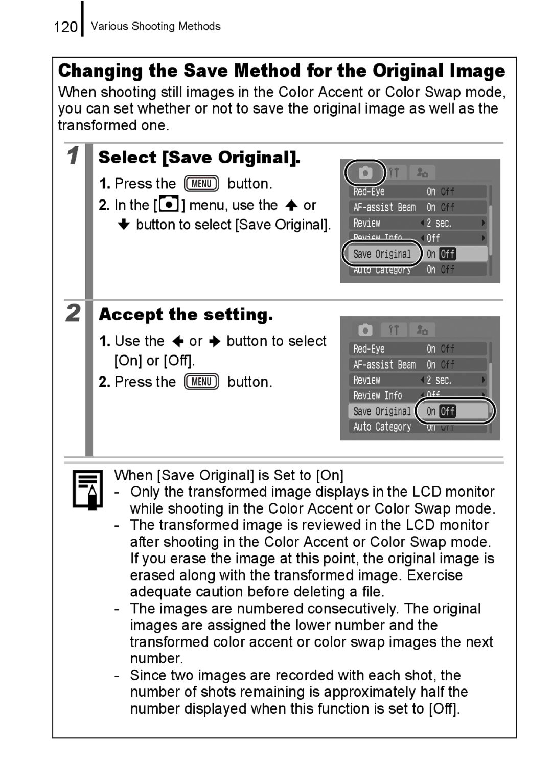 Canon IXUS 860 IS appendix Changing the Save Method for the Original Image, Select Save Original, 120 