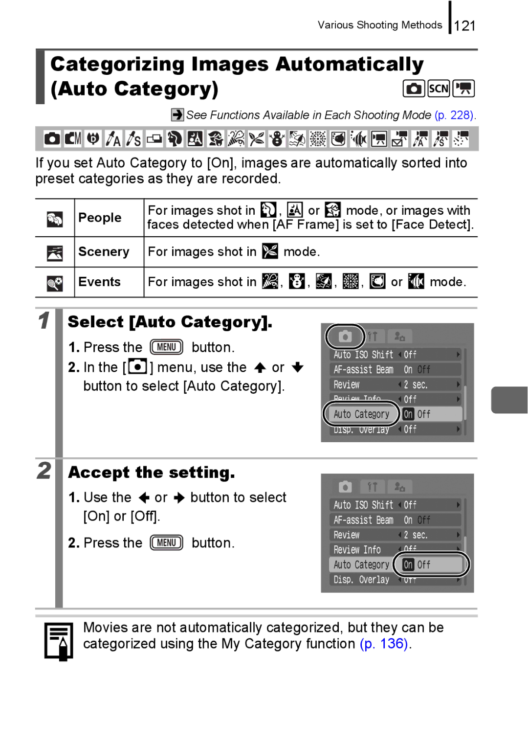 Canon IXUS 860 IS appendix Categorizing Images Automatically Auto Category, Select Auto Category, 121, People 