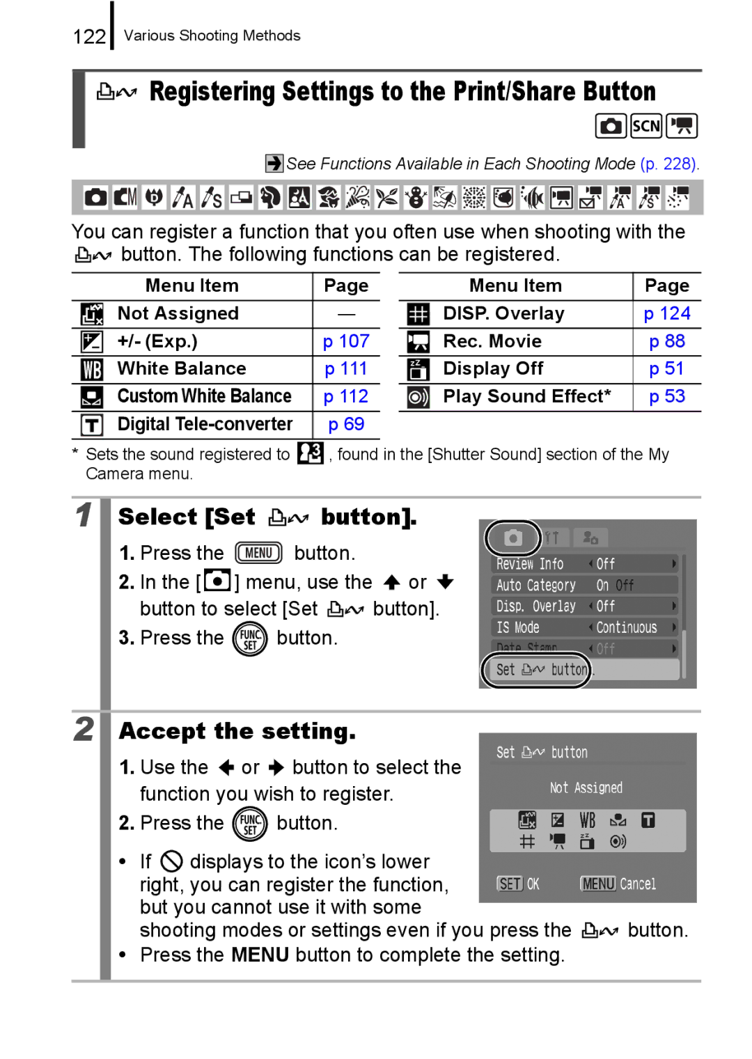 Canon IXUS 860 IS appendix Registering Settings to the Print/Share Button, Select Set button, 122 