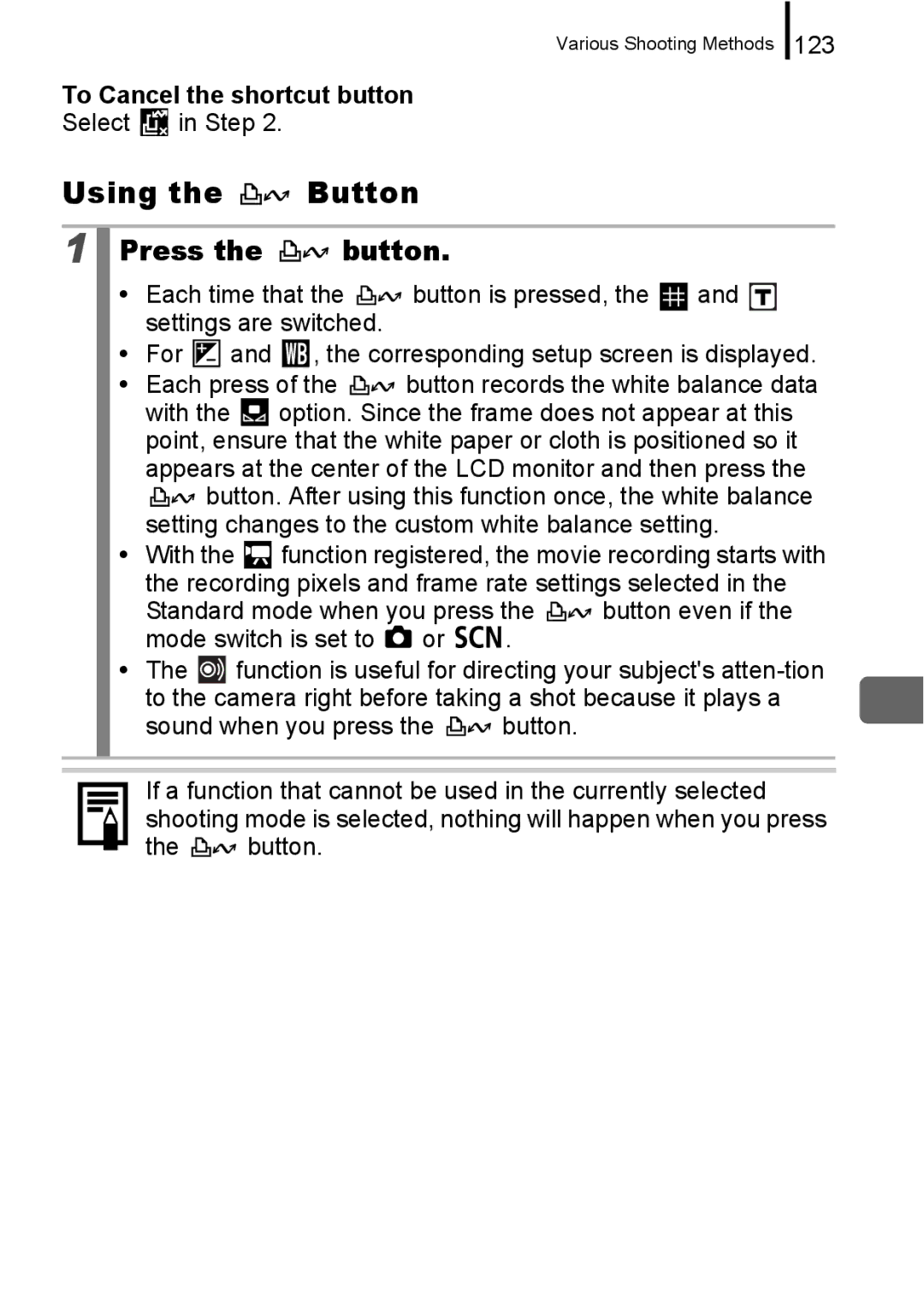 Canon IXUS 860 IS appendix Using the Button, To Cancel the shortcut button, Select in, Sound when you press the button 