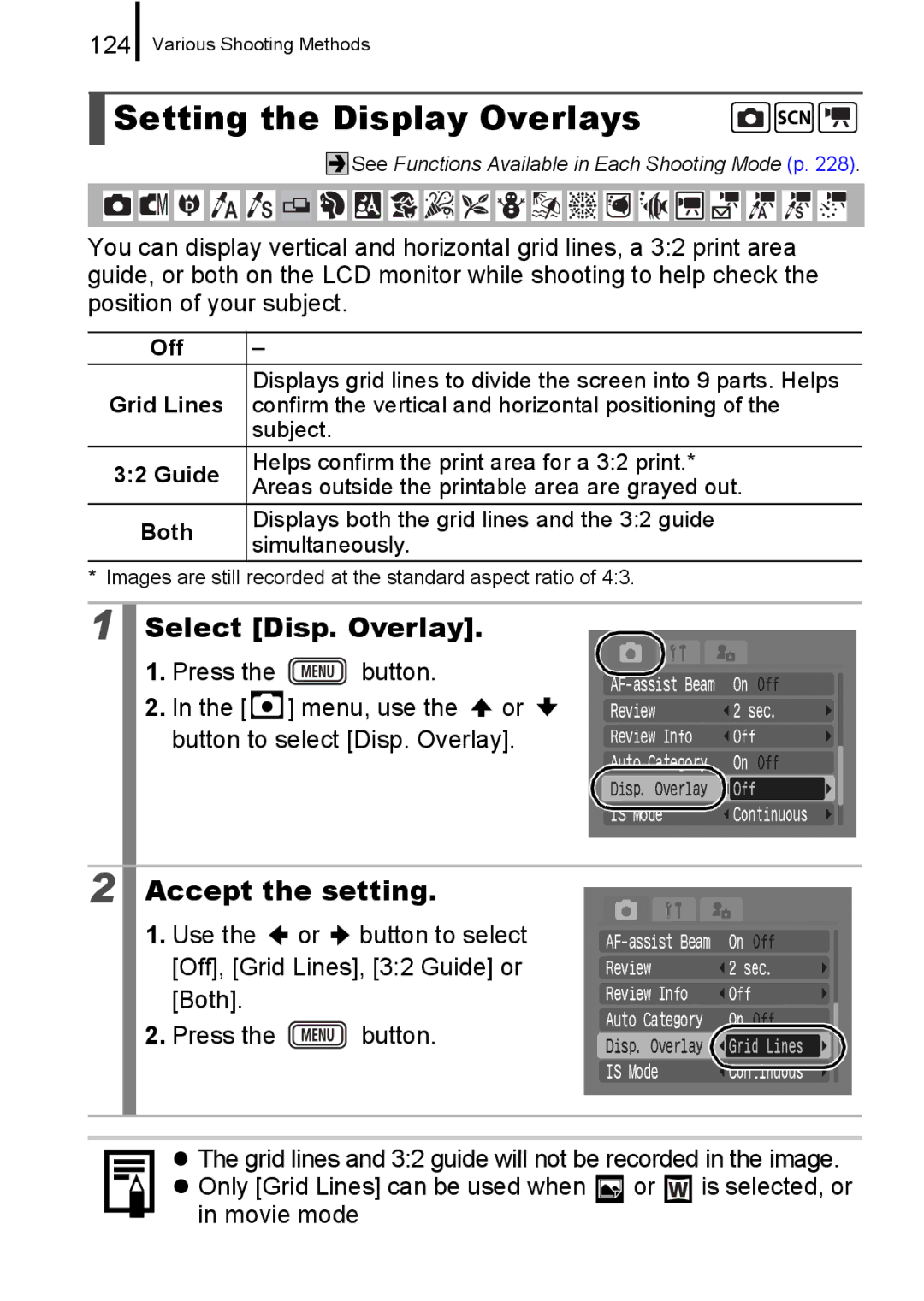 Canon IXUS 860 IS appendix Select Disp. Overlay, 124, Movie mode, Off, Both 