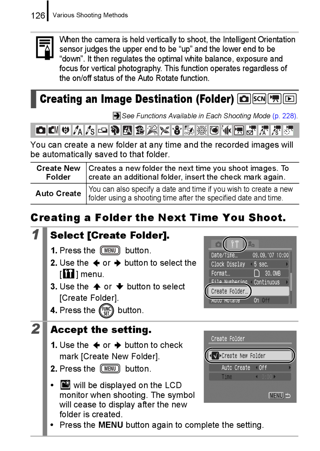 Canon IXUS 860 IS Creating an Image Destination Folder, Creating a Folder the Next Time You Shoot, Select Create Folder 