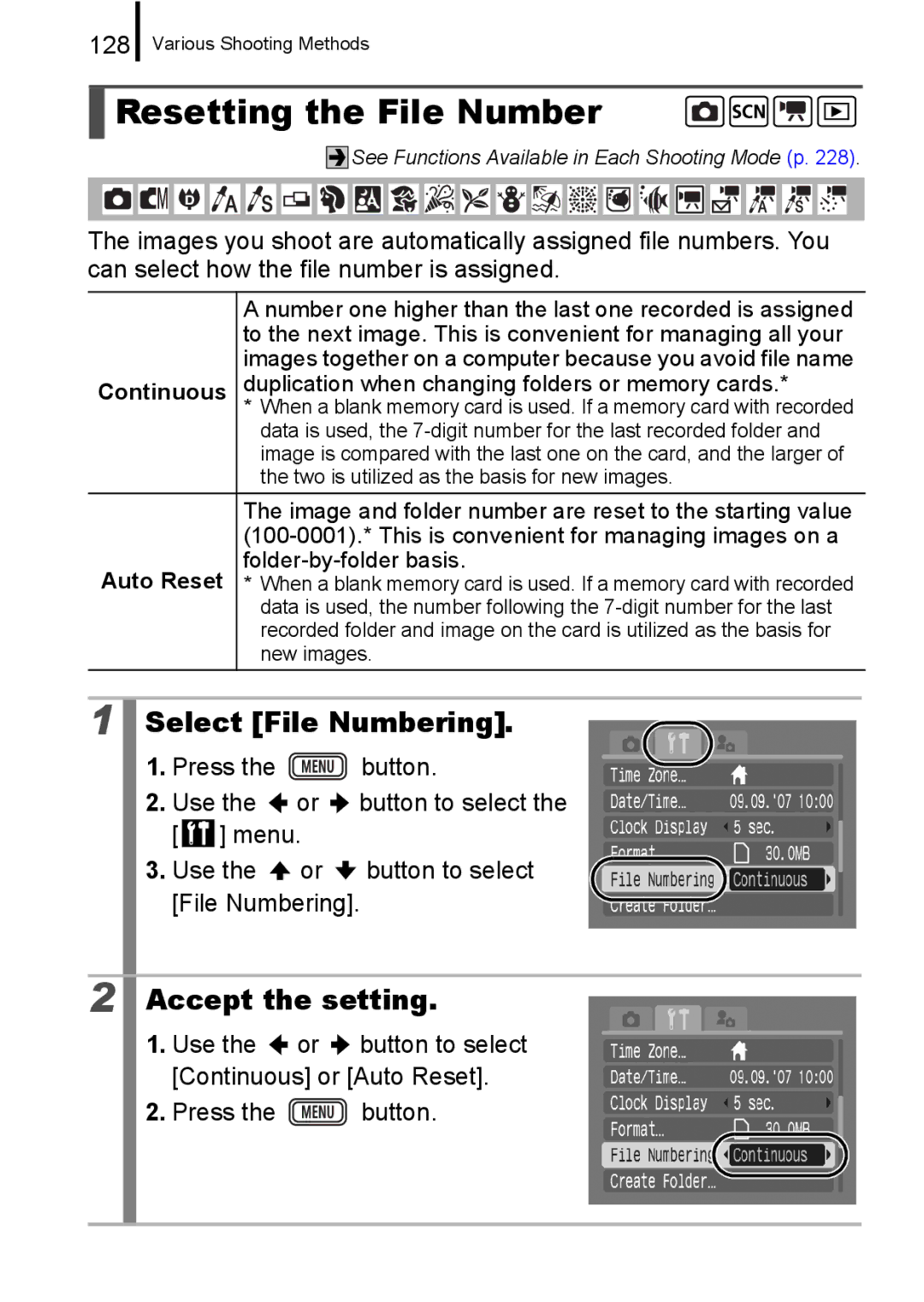 Canon IXUS 860 IS appendix Resetting the File Number, Select File Numbering, 128, Continuous, Auto Reset 