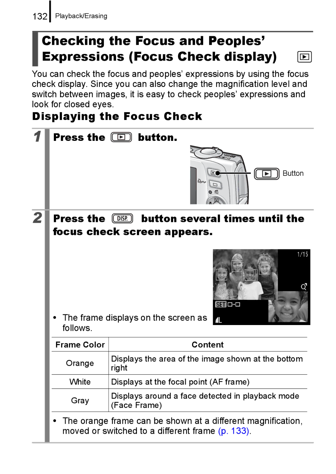 Canon IXUS 860 IS appendix Displaying the Focus Check, Press Button several times until Focus check screen appears, 132 