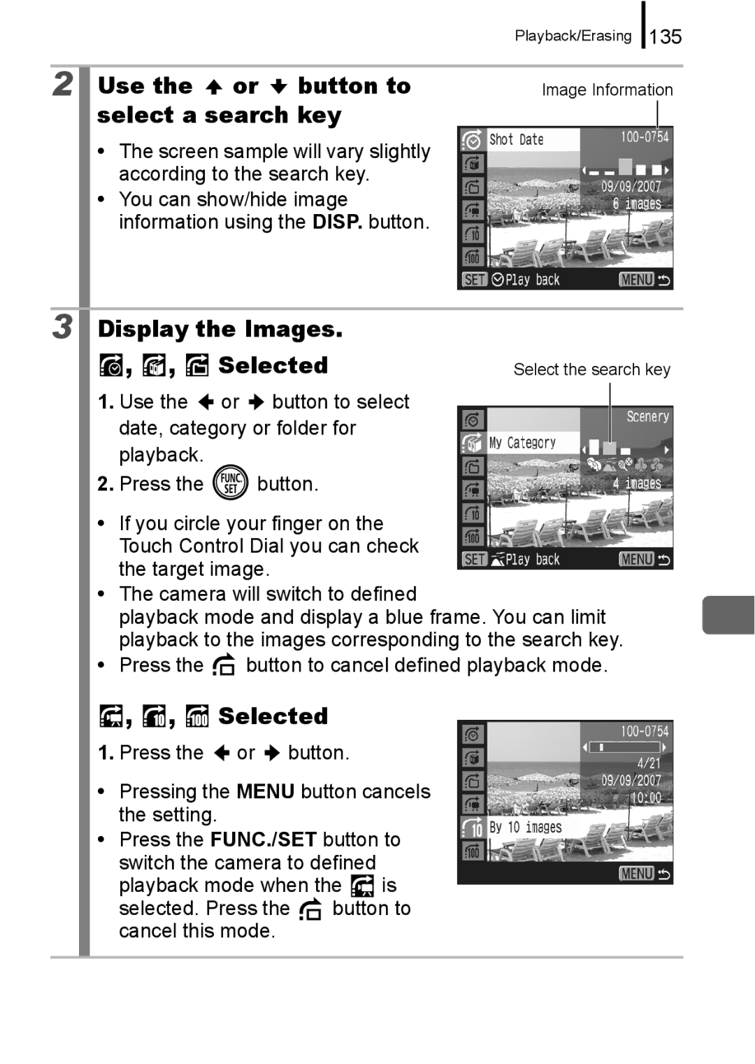 Canon IXUS 860 IS appendix Use the or button to, Select a search key, Display the Images Selected 