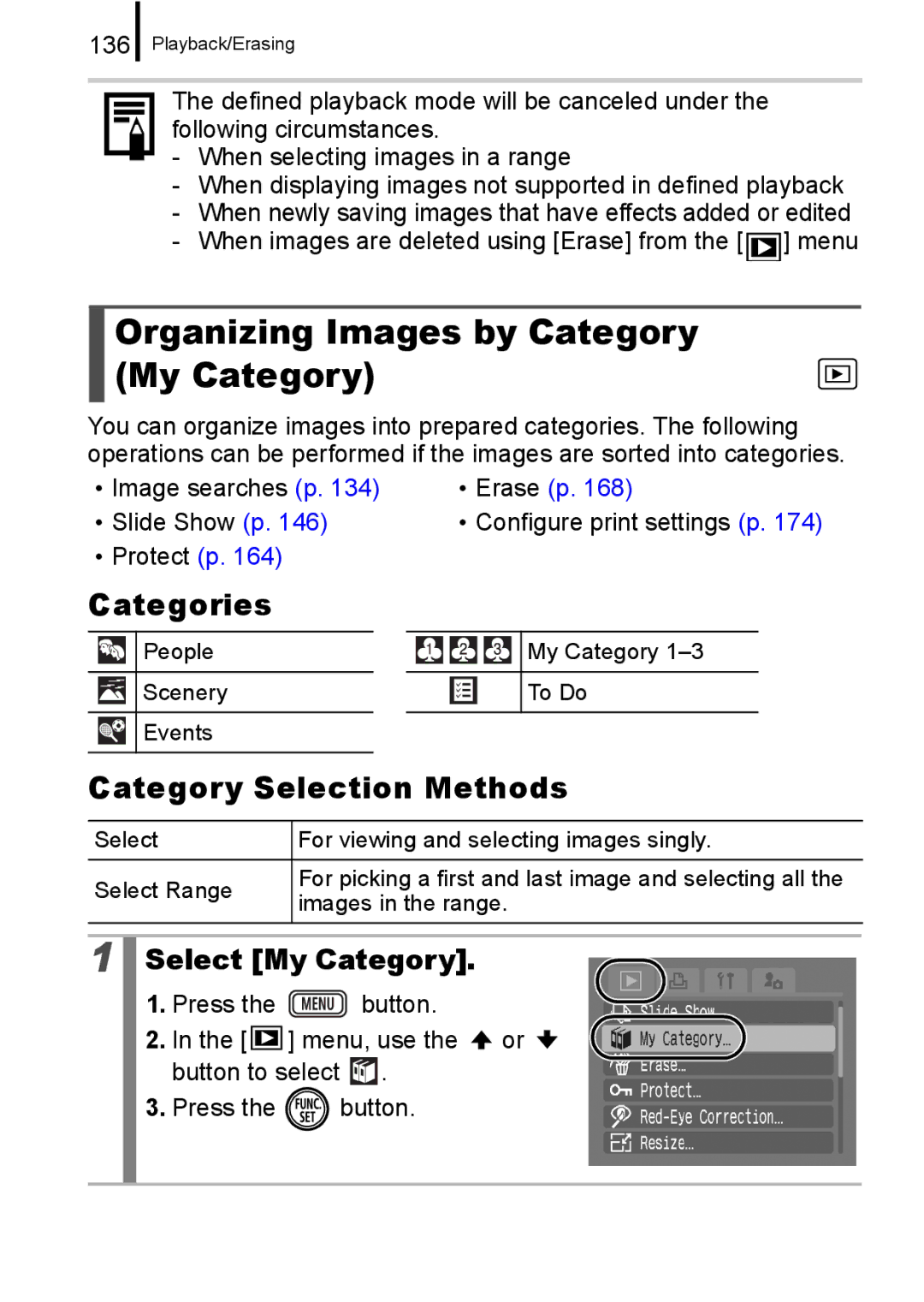 Canon IXUS 860 IS Organizing Images by Category My Category, Categories, Category Selection Methods, Select My Category 