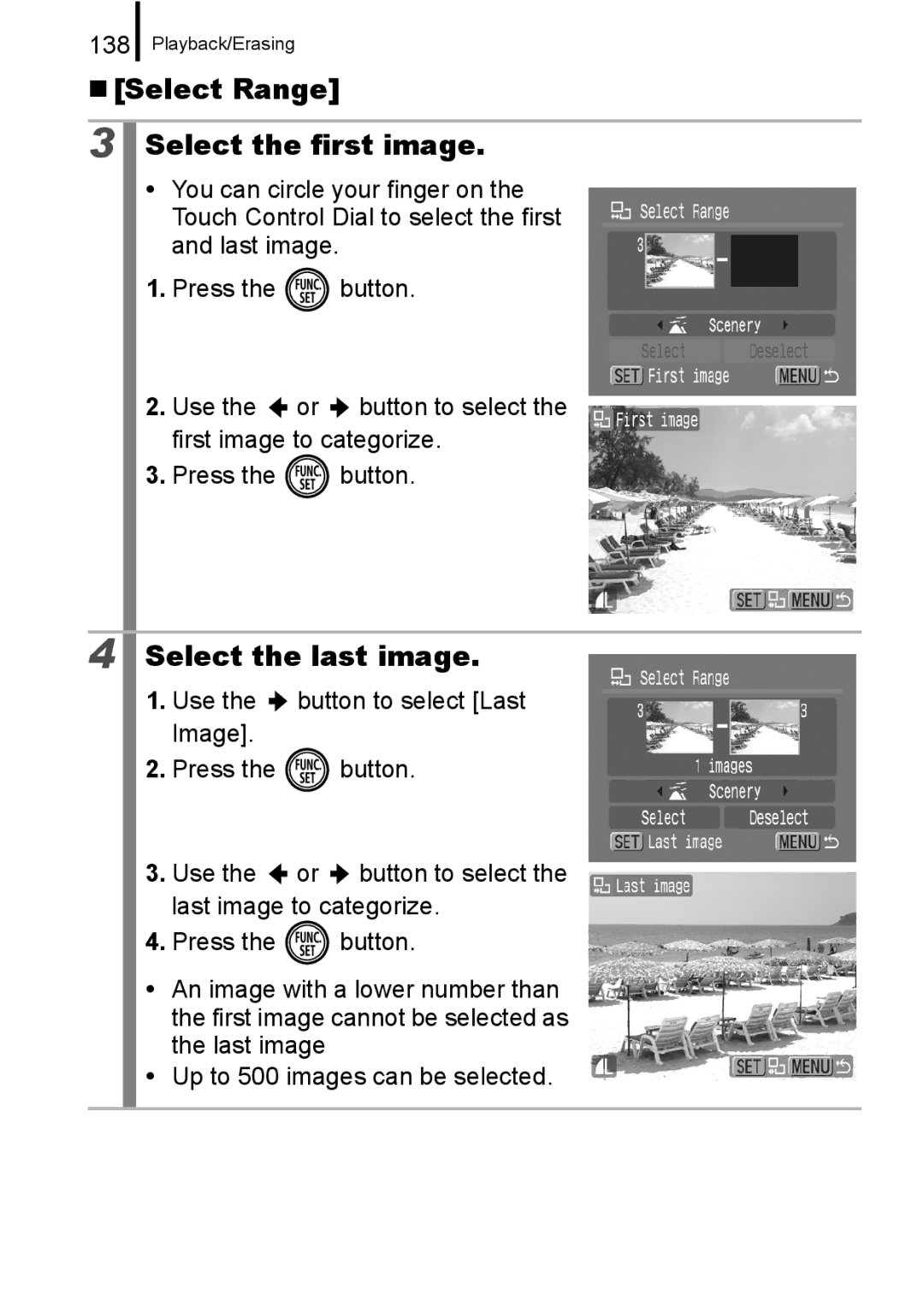 Canon IXUS 860 IS appendix „ Select Range Select the first image, Select the last image, 138 