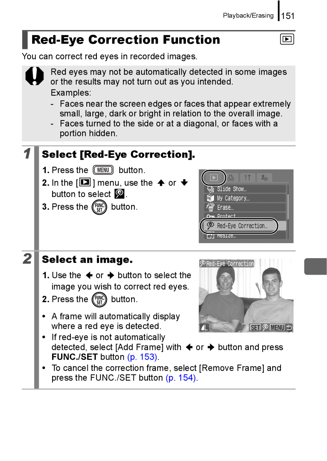 Canon IXUS 860 IS appendix Red-Eye Correction Function, Select Red-Eye Correction, Select an image, 151 