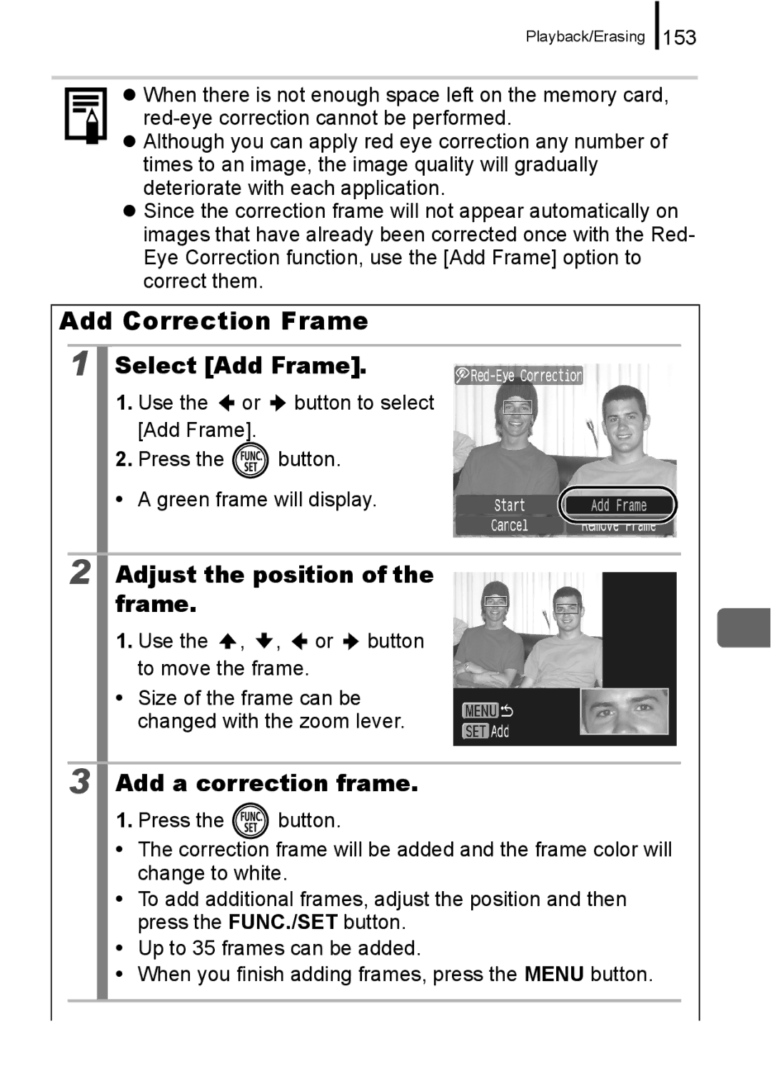 Canon IXUS 860 IS appendix Add Correction Frame, Select Add Frame, Adjust the position of the frame, Add a correction frame 