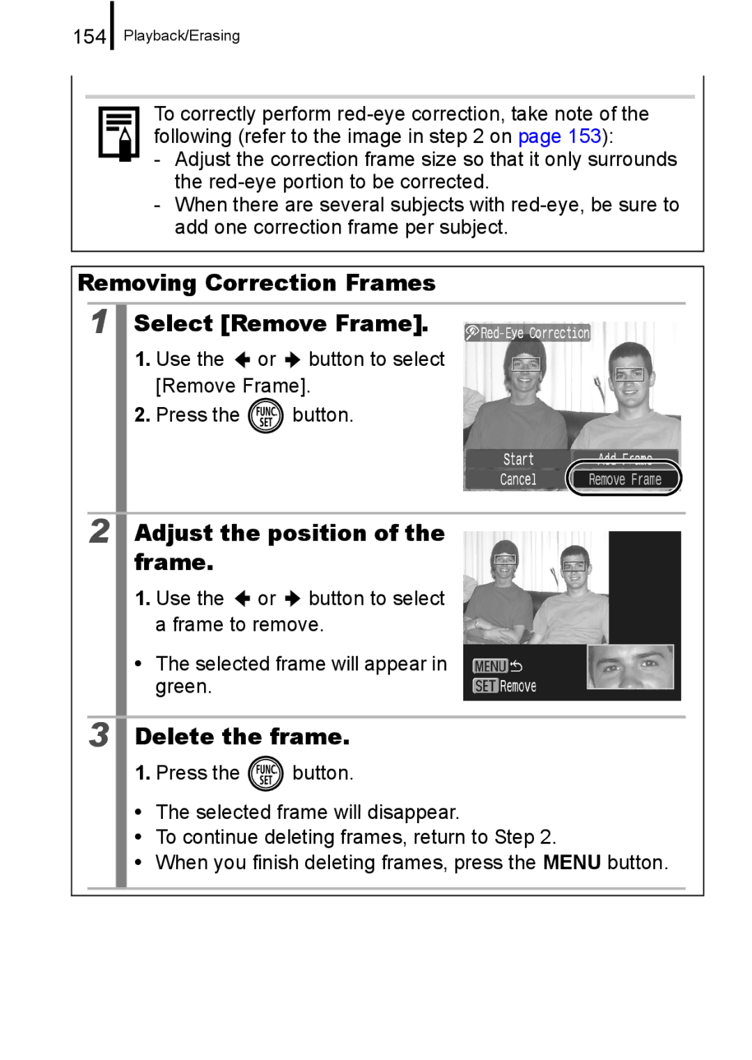 Canon IXUS 860 IS appendix Removing Correction Frames Select Remove Frame, Delete the frame, 154 