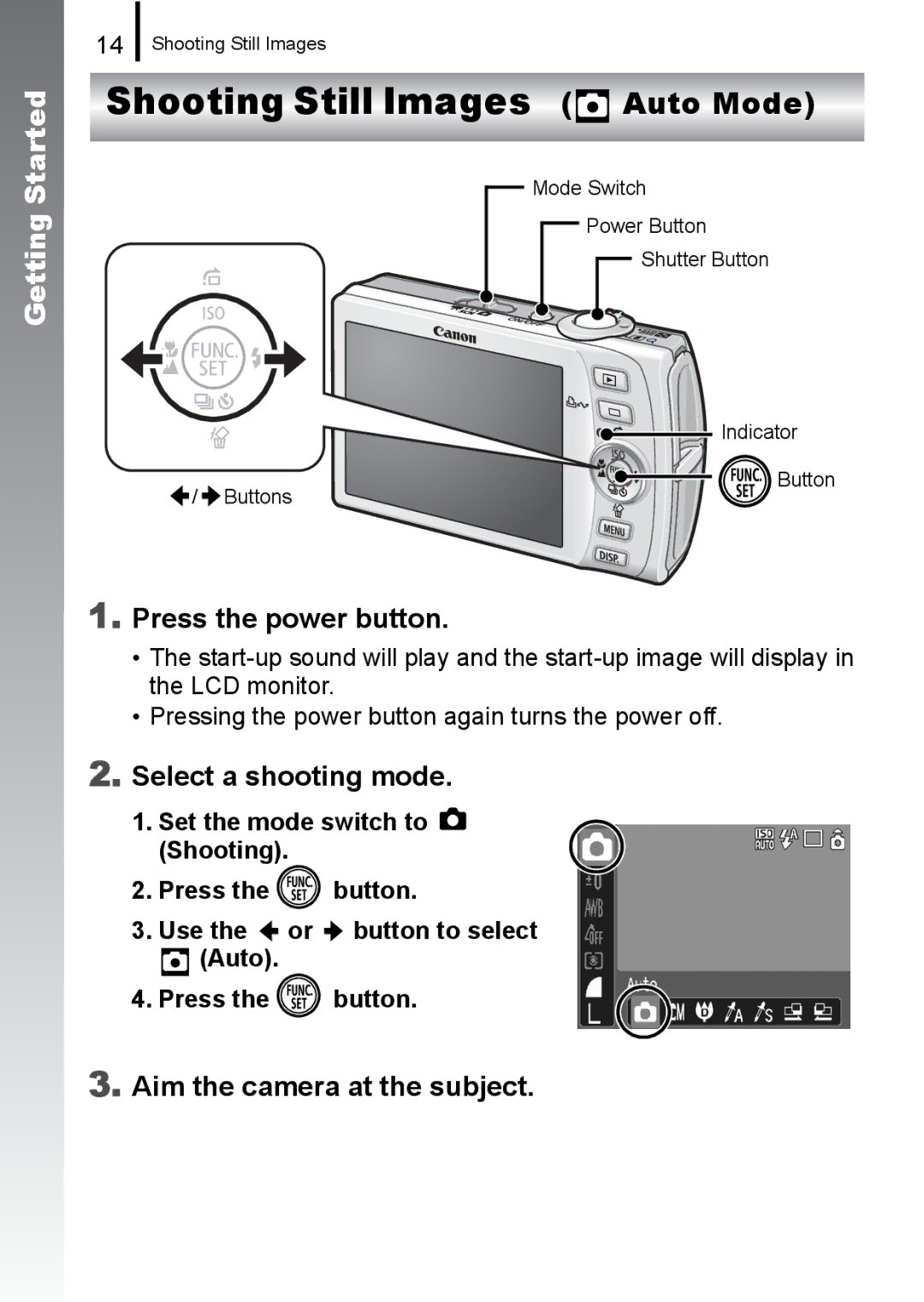 Canon IXUS 860 IS appendix Shooting Still Images Auto Mode, Press the power button, Select a shooting mode 