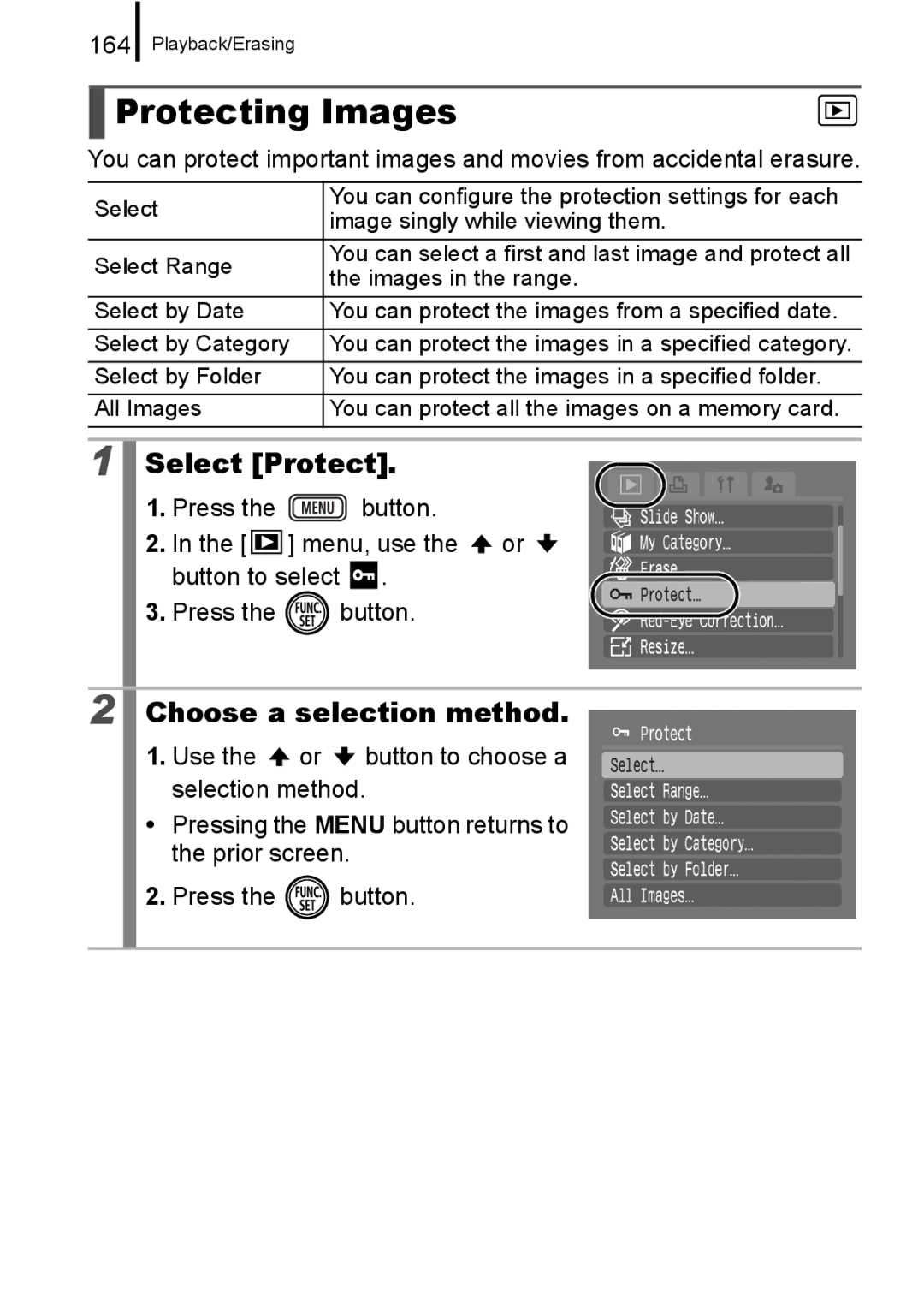 Canon IXUS 860 IS appendix Protecting Images, Select Protect, 164 