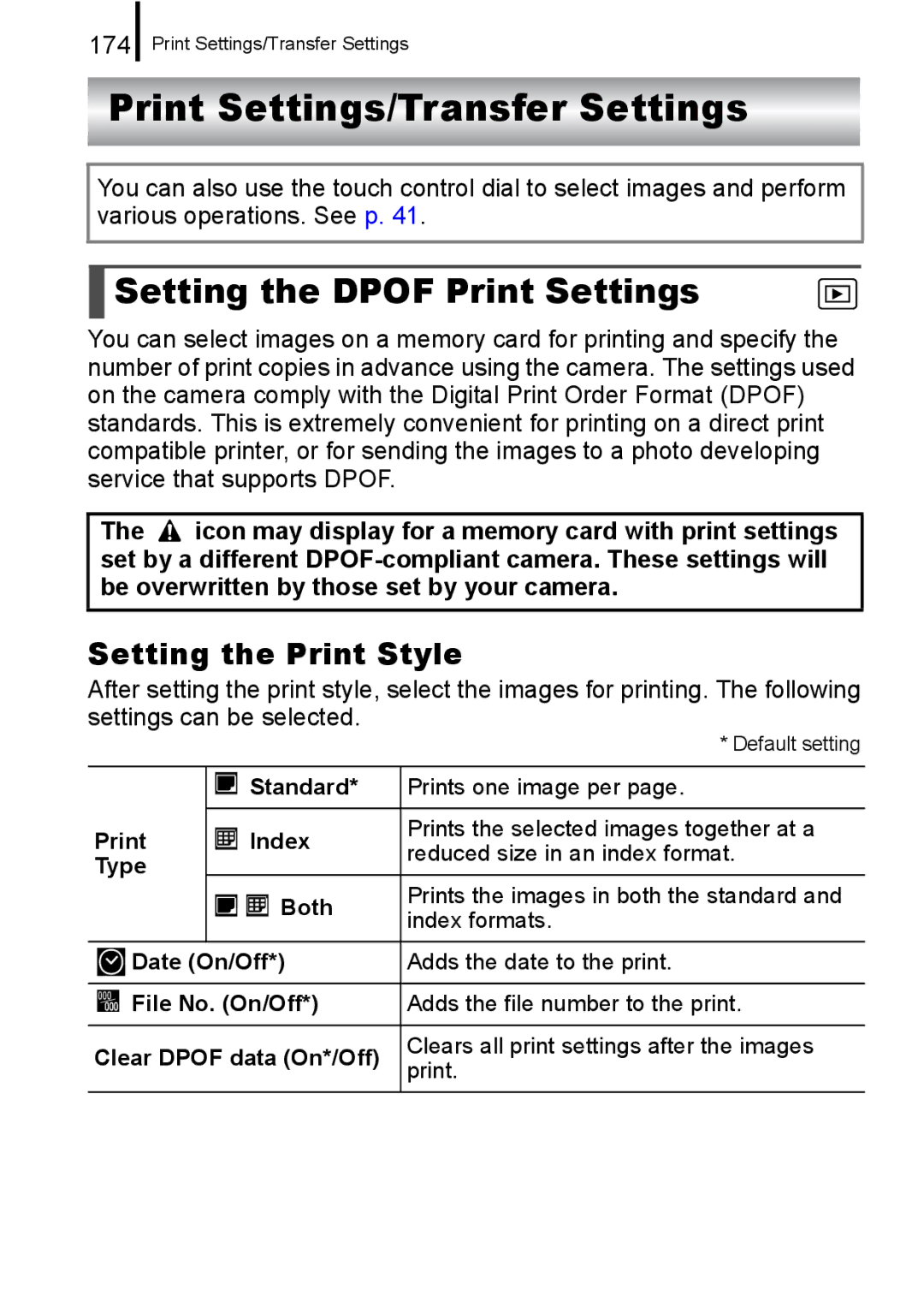 Canon IXUS 860 IS appendix Print Settings/Transfer Settings, Setting the Dpof Print Settings, Setting the Print Style, 174 