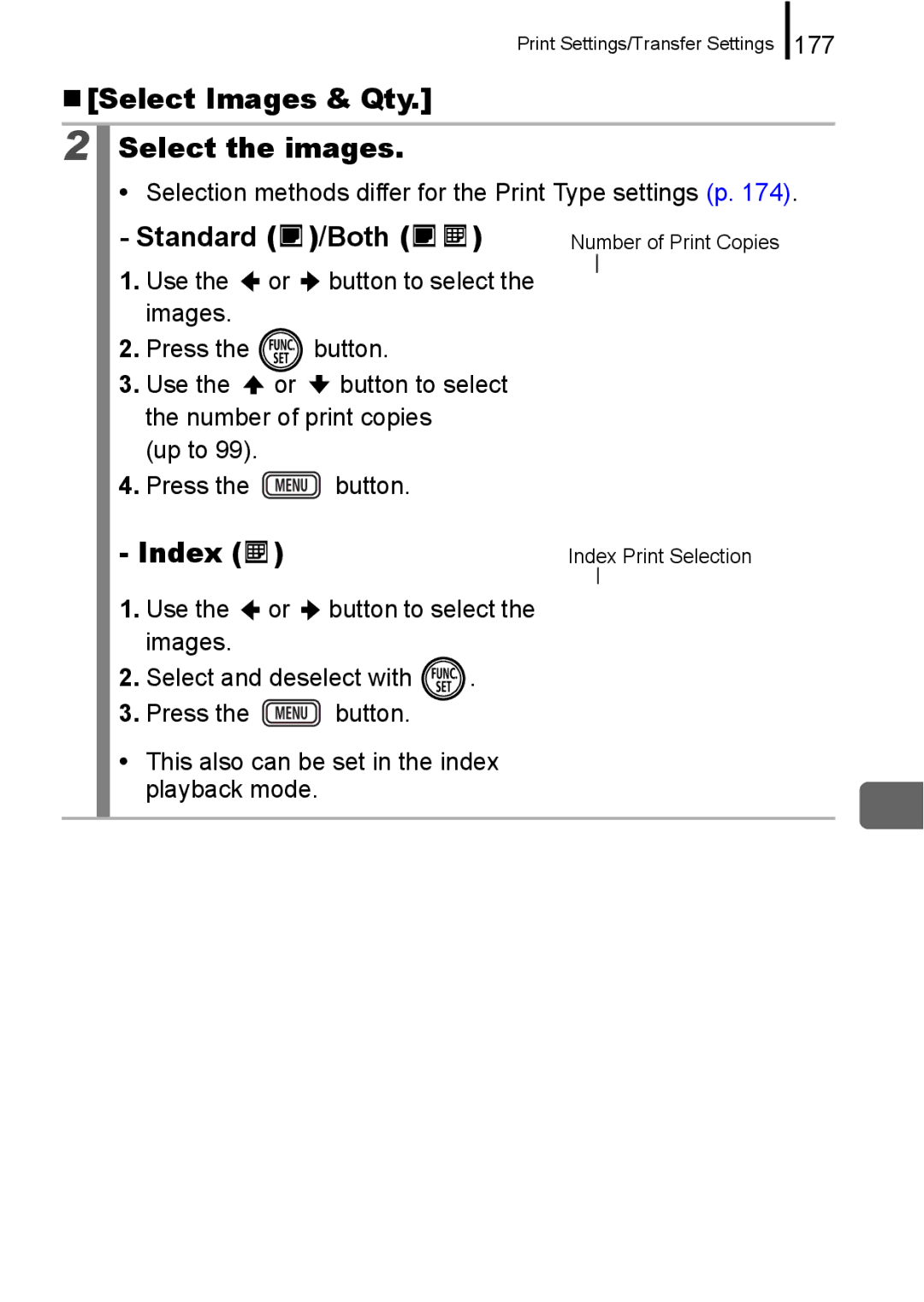 Canon IXUS 860 IS appendix „ Select Images & Qty Select the images, Standard /Both, Index, 177 