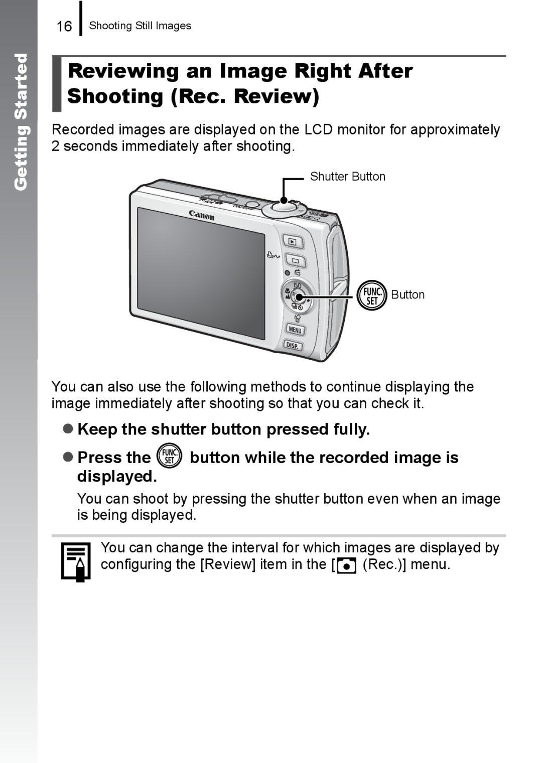 Canon IXUS 860 IS appendix Reviewing an Image Right After Shooting Rec. Review 