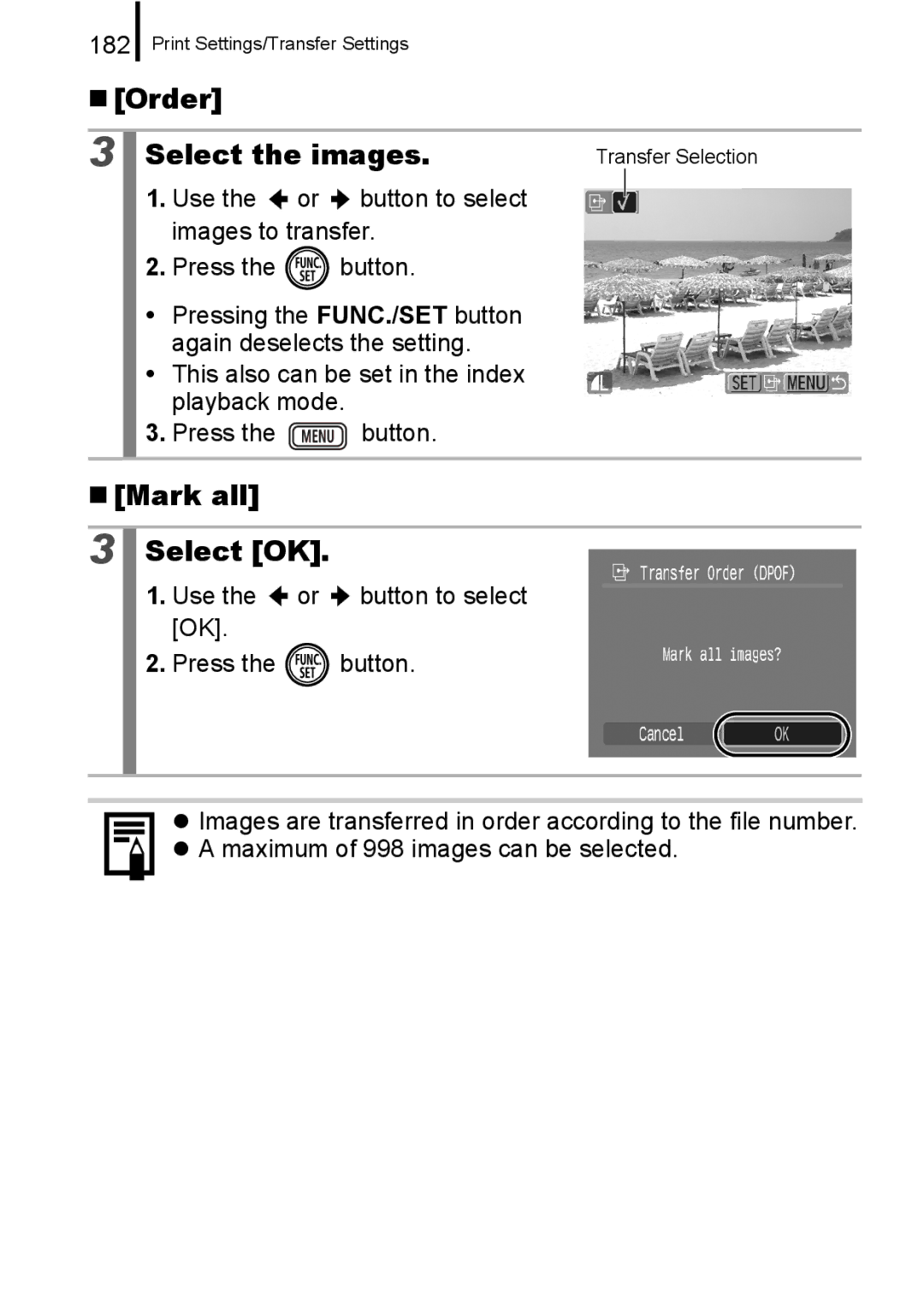 Canon IXUS 860 IS appendix „ Order Select the images, „ Mark all Select OK, 182 