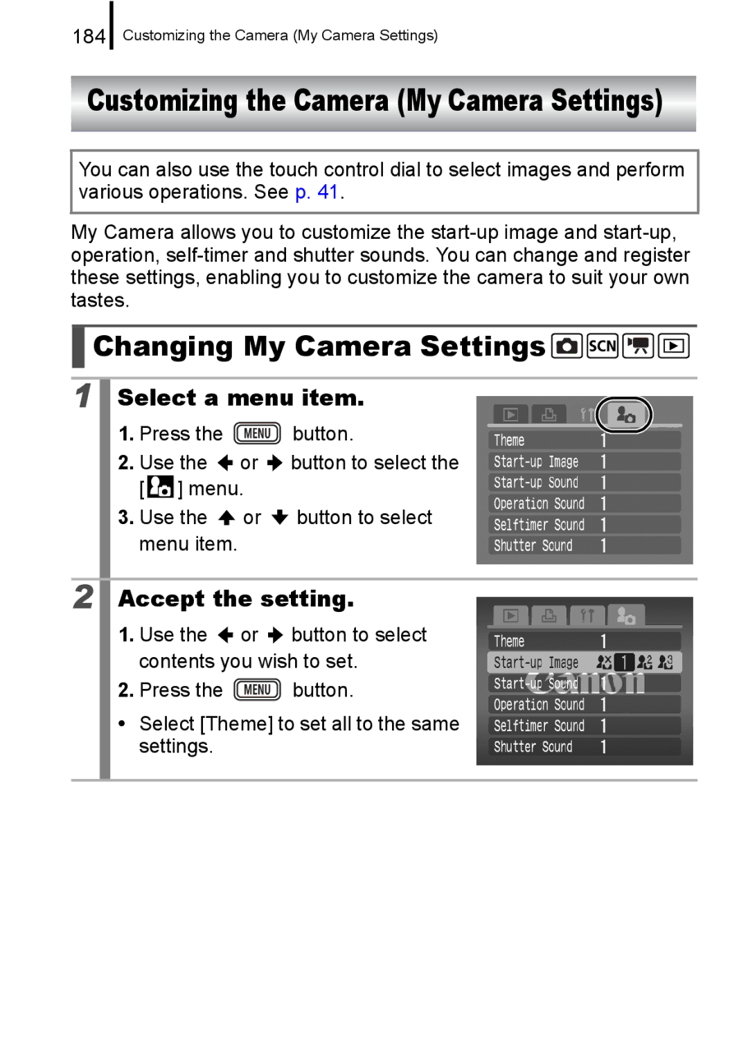 Canon IXUS 860 IS appendix Changing My Camera Settings, Customizing the Camera My Camera Settings, Select a menu item, 184 