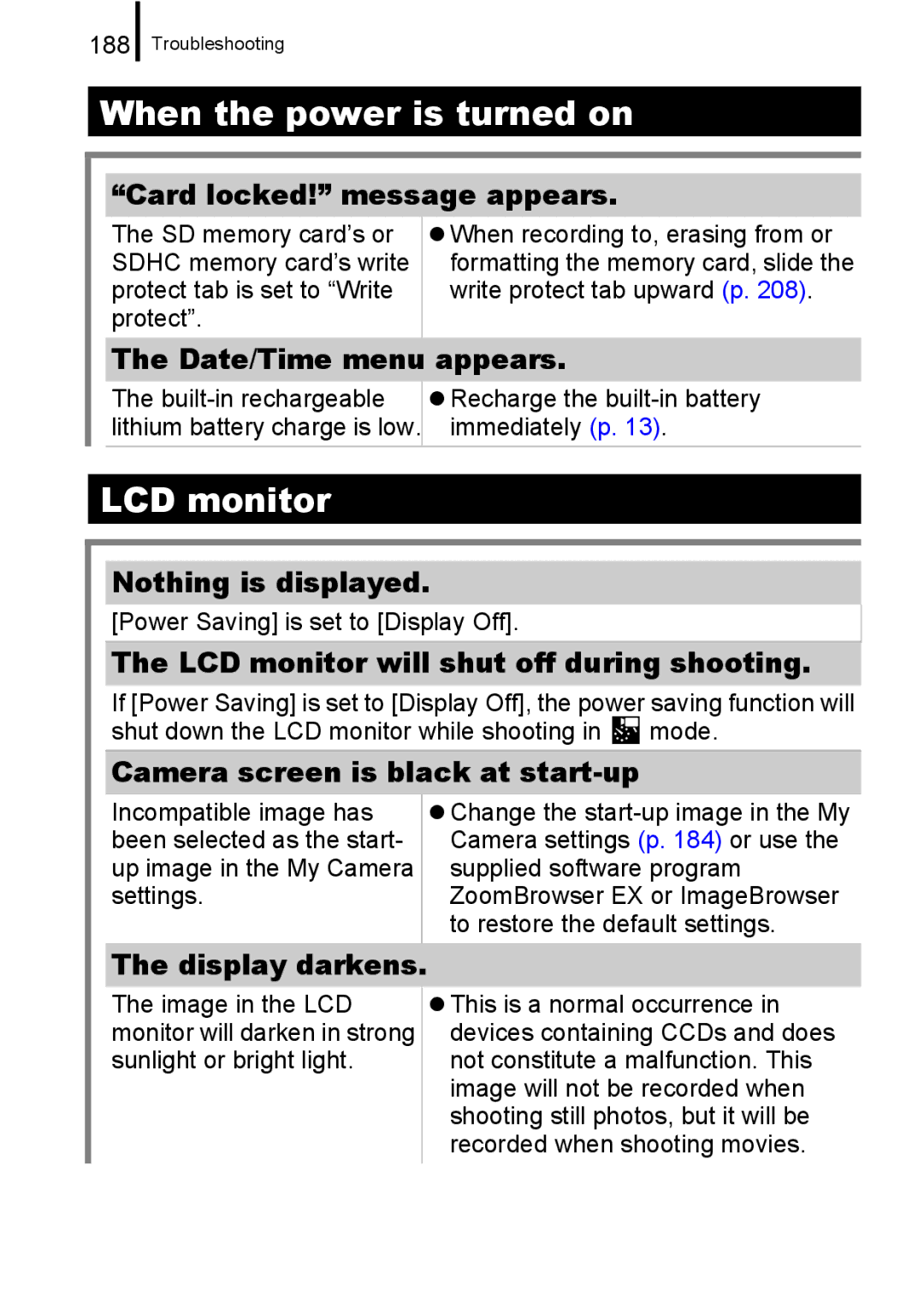 Canon IXUS 860 IS appendix Card locked! message appears, Date/Time menu appears, Nothing is displayed, Display darkens 