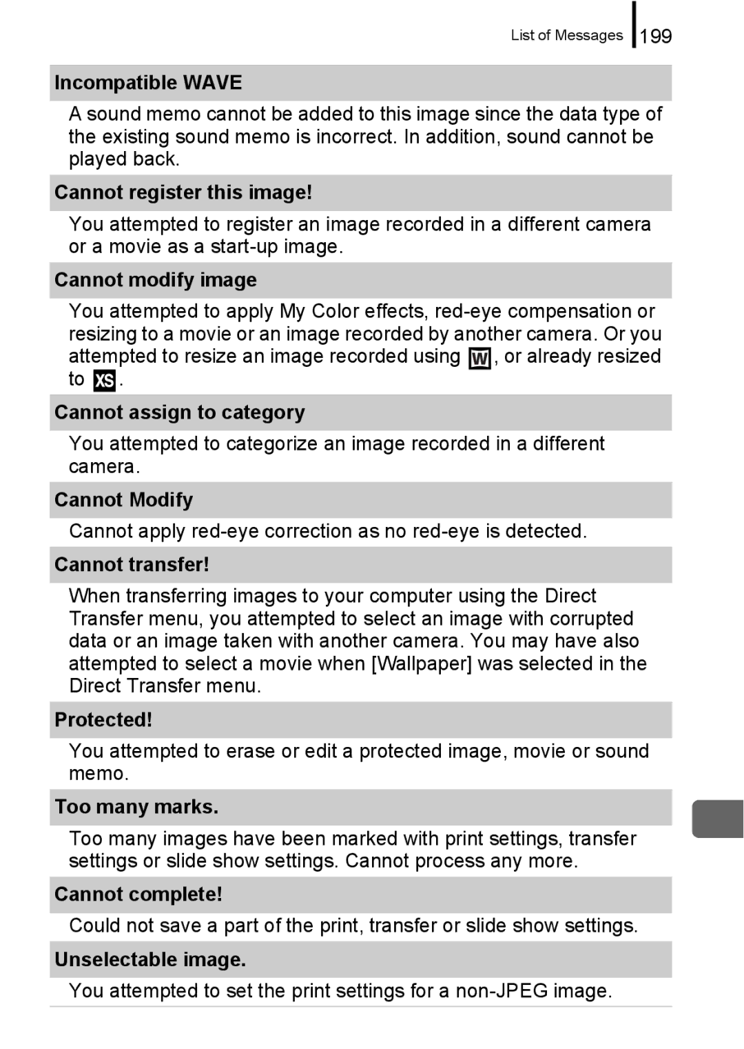 Canon IXUS 860 IS Incompatible Wave, Cannot register this image, Cannot modify image, Cannot assign to category, Protected 