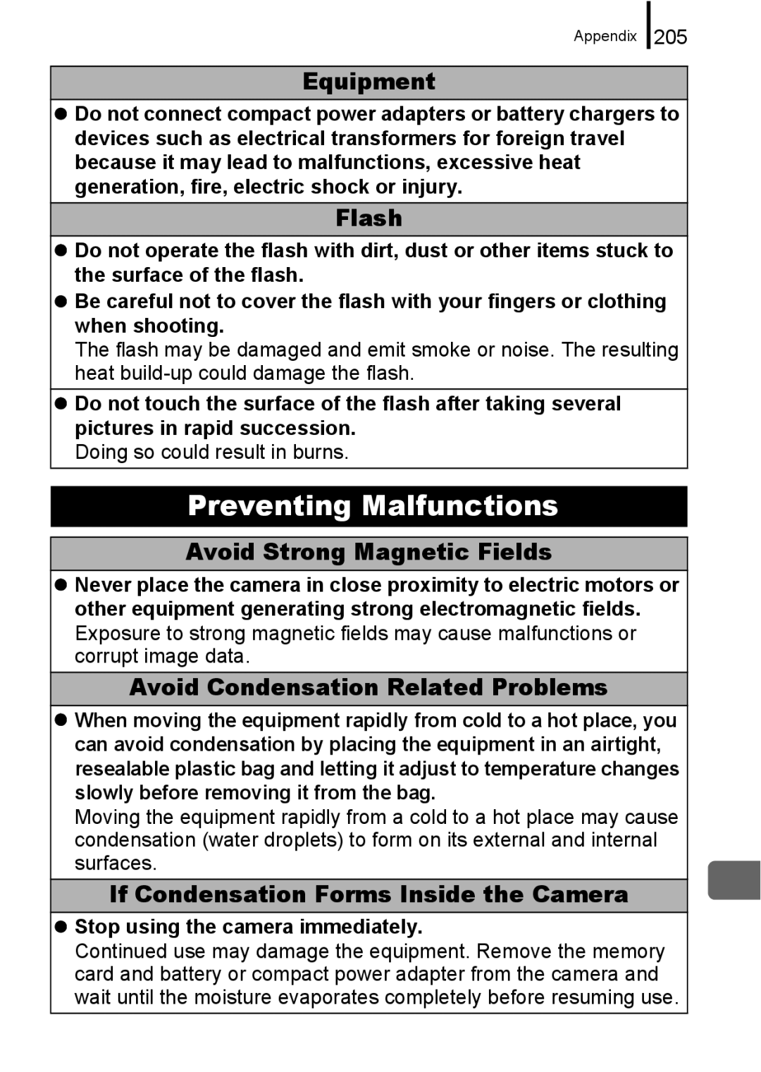 Canon IXUS 860 IS appendix Flash, Avoid Strong Magnetic Fields, Avoid Condensation Related Problems 
