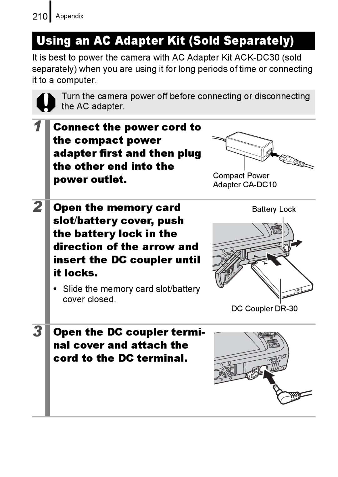 Canon IXUS 860 IS appendix Power outlet, Open the memory card, 210, Slide the memory card slot/battery cover closed 