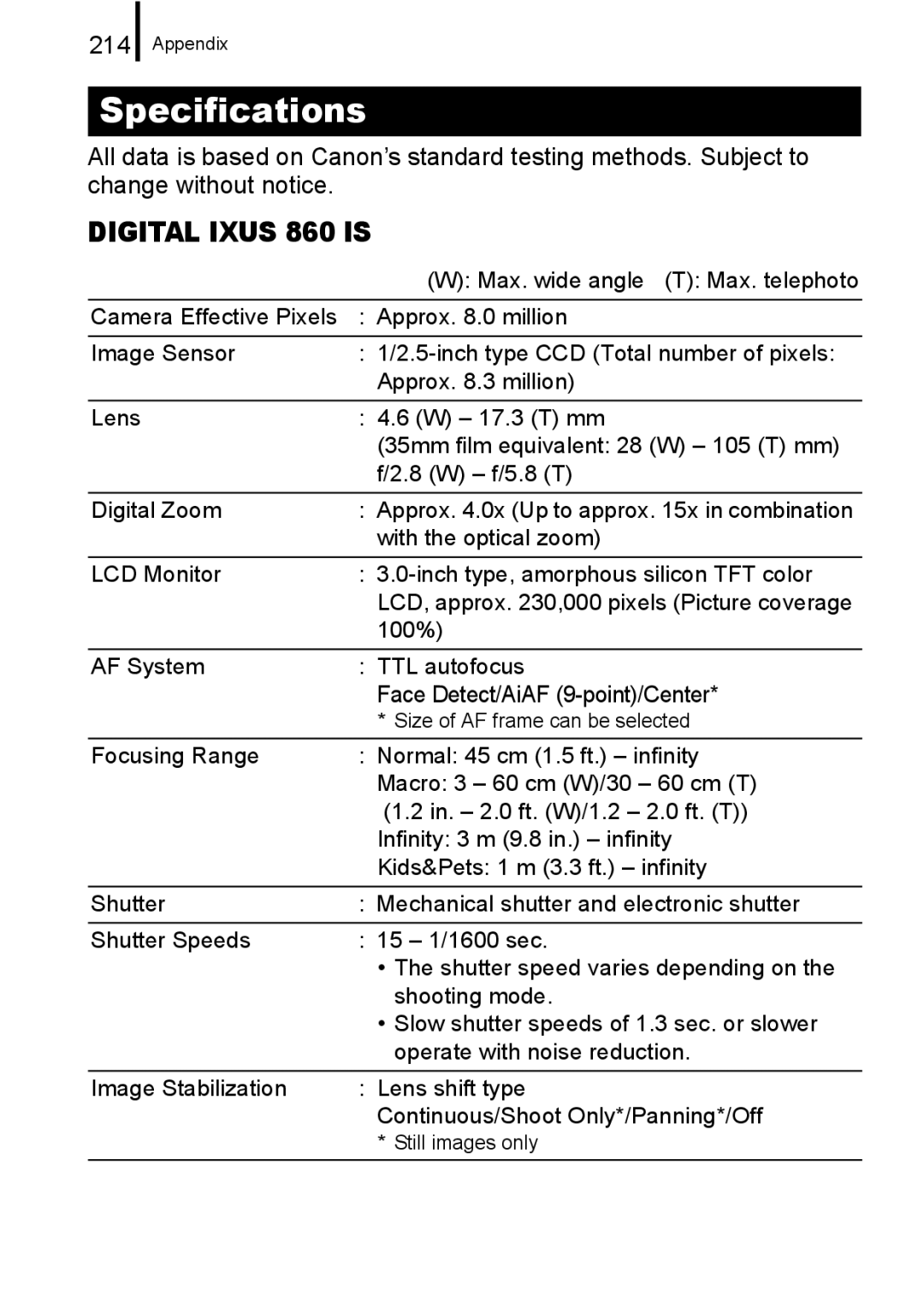 Canon IXUS 860 IS appendix Specifications, 214 