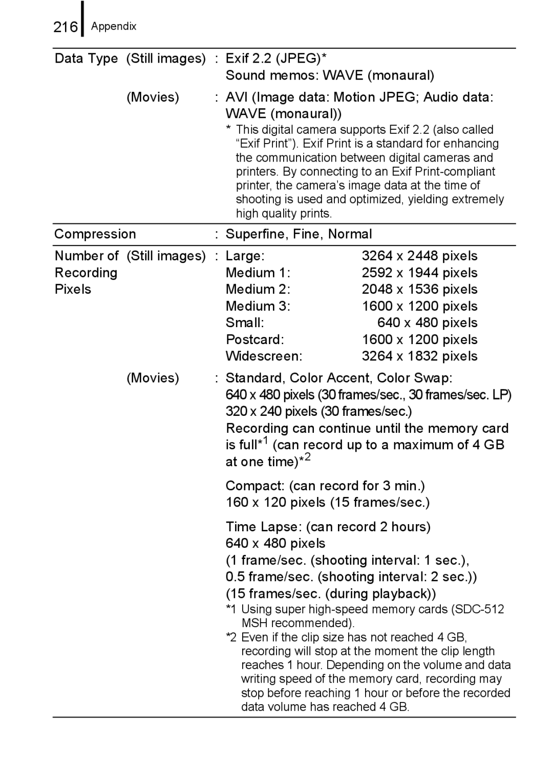 Canon IXUS 860 IS appendix 216, Using super high-speed memory cards SDC-512 MSH recommended 