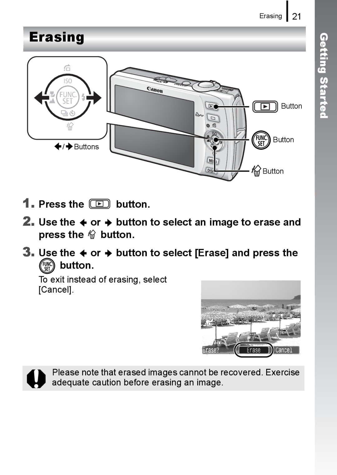 Canon IXUS 860 IS appendix Erasing, To exit instead of erasing, select Cancel 