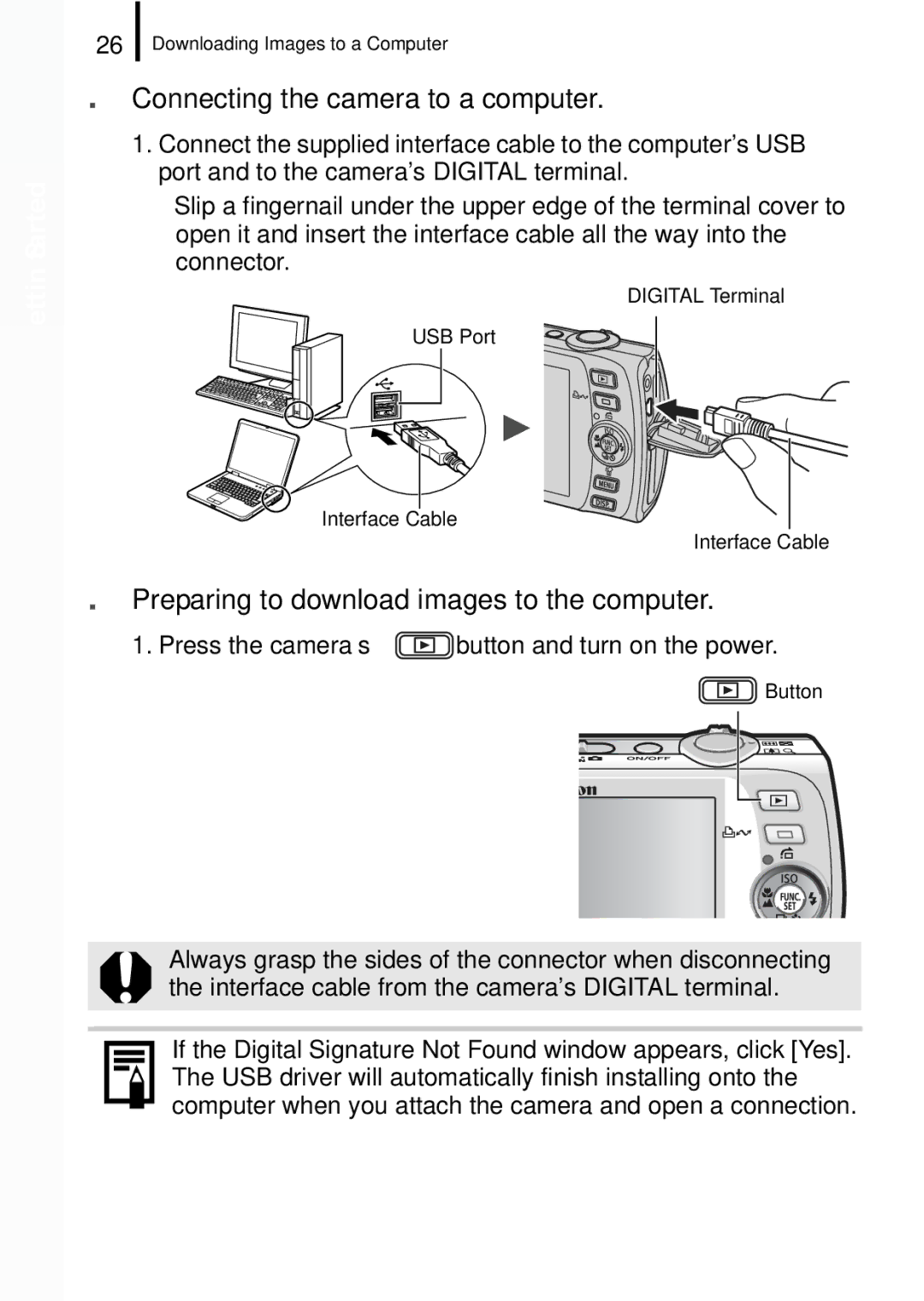 Canon IXUS 860 IS appendix Connecting the camera to a computer, Preparing to download images to the computer 