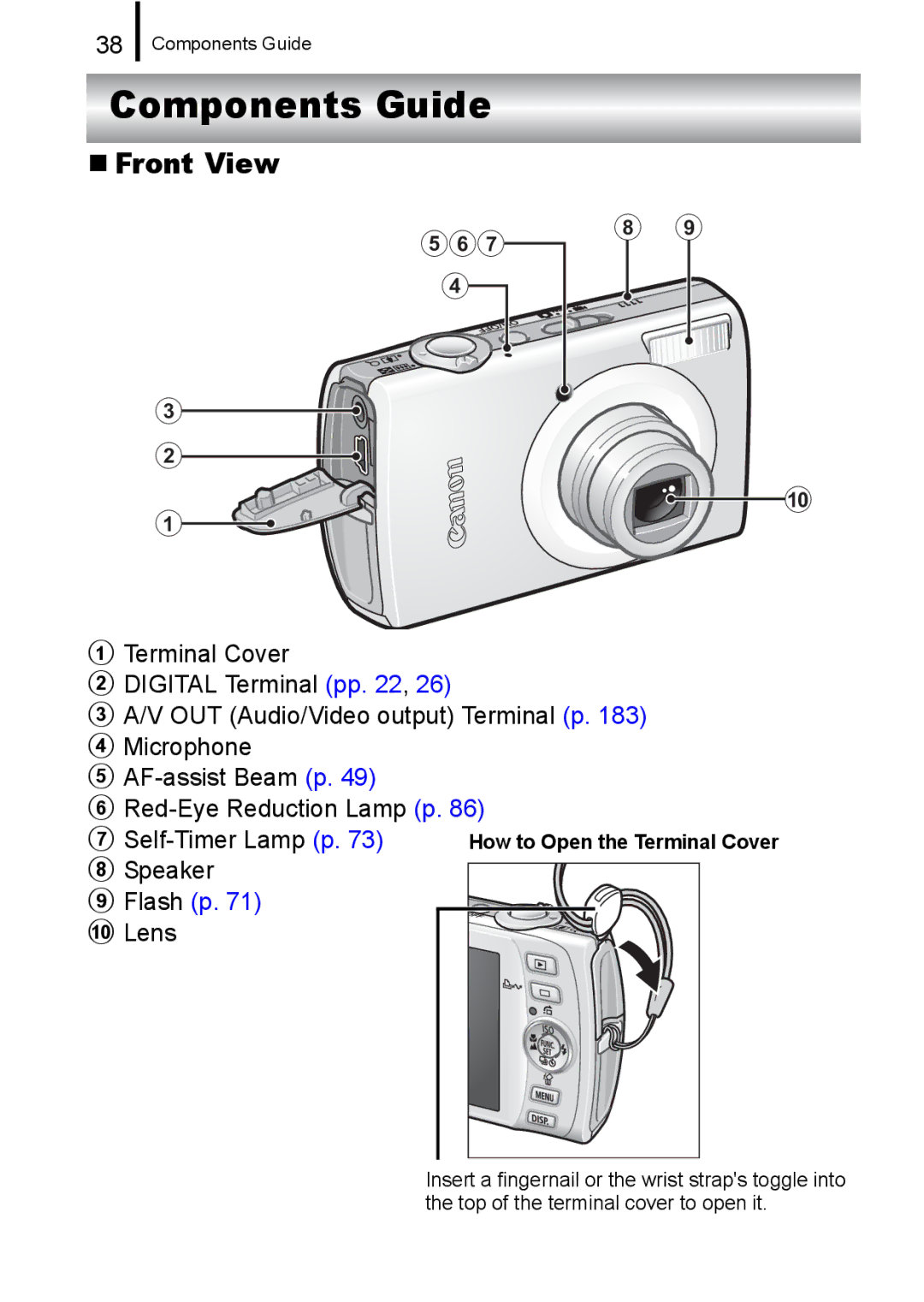 Canon IXUS 860 IS appendix Components Guide, „ Front View, Speaker, Lens 