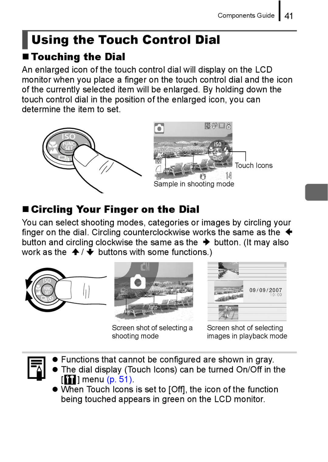 Canon IXUS 860 IS appendix Using the Touch Control Dial, „ Touching the Dial, „ Circling Your Finger on the Dial 