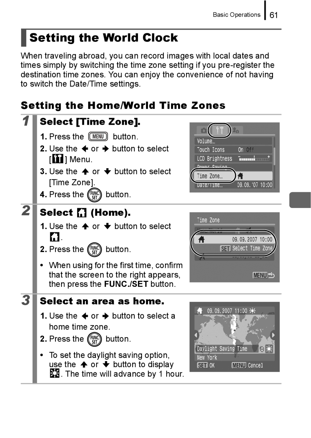 Canon IXUS 860 IS appendix Setting the World Clock, Setting the Home/World Time Zones, Select Time Zone, Select Home 