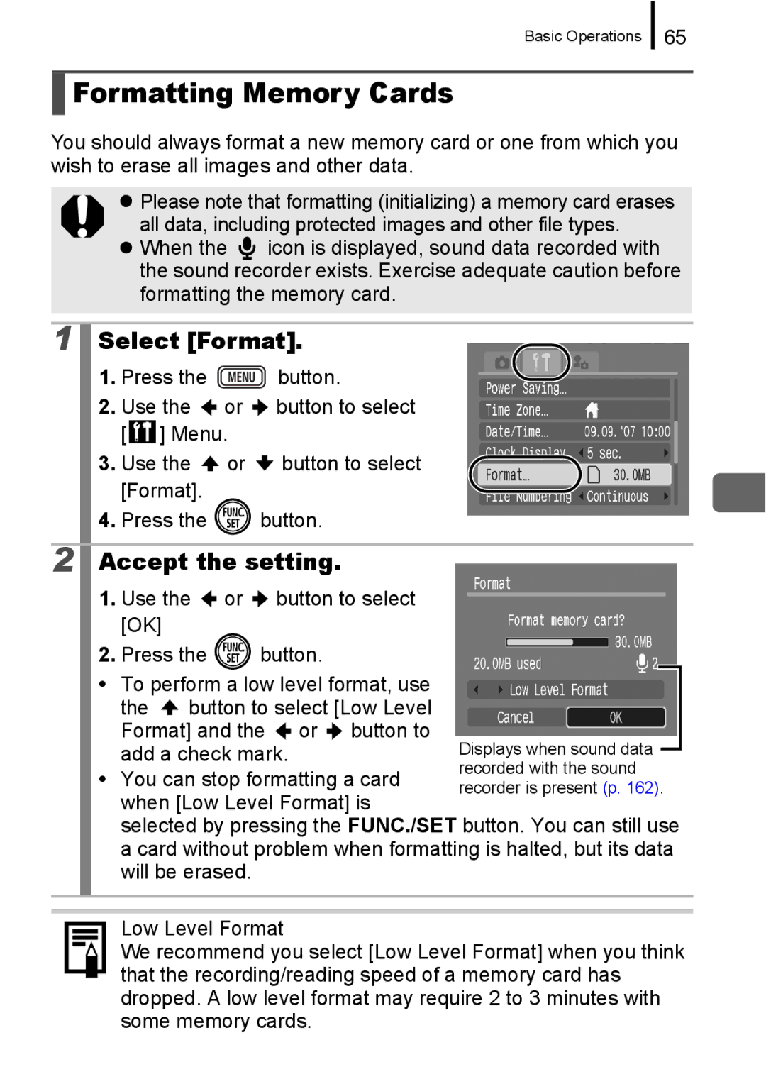 Canon IXUS 860 IS appendix Formatting Memory Cards, Select Format, Format Button to Add a check mark 